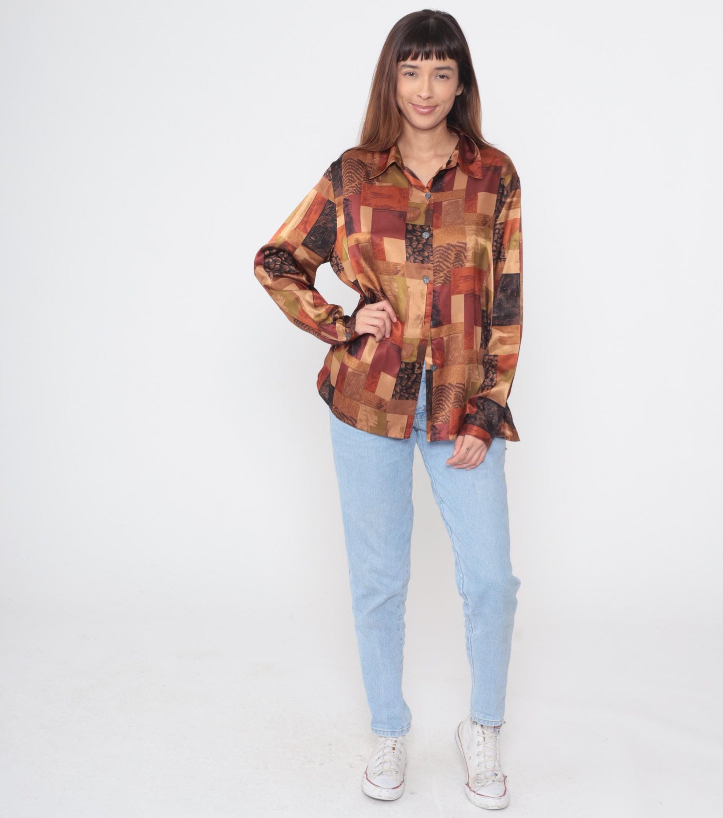 90s Abstract Geometric Patchwork Button-Up Shirt Brown Rust Long Sleeve Large
