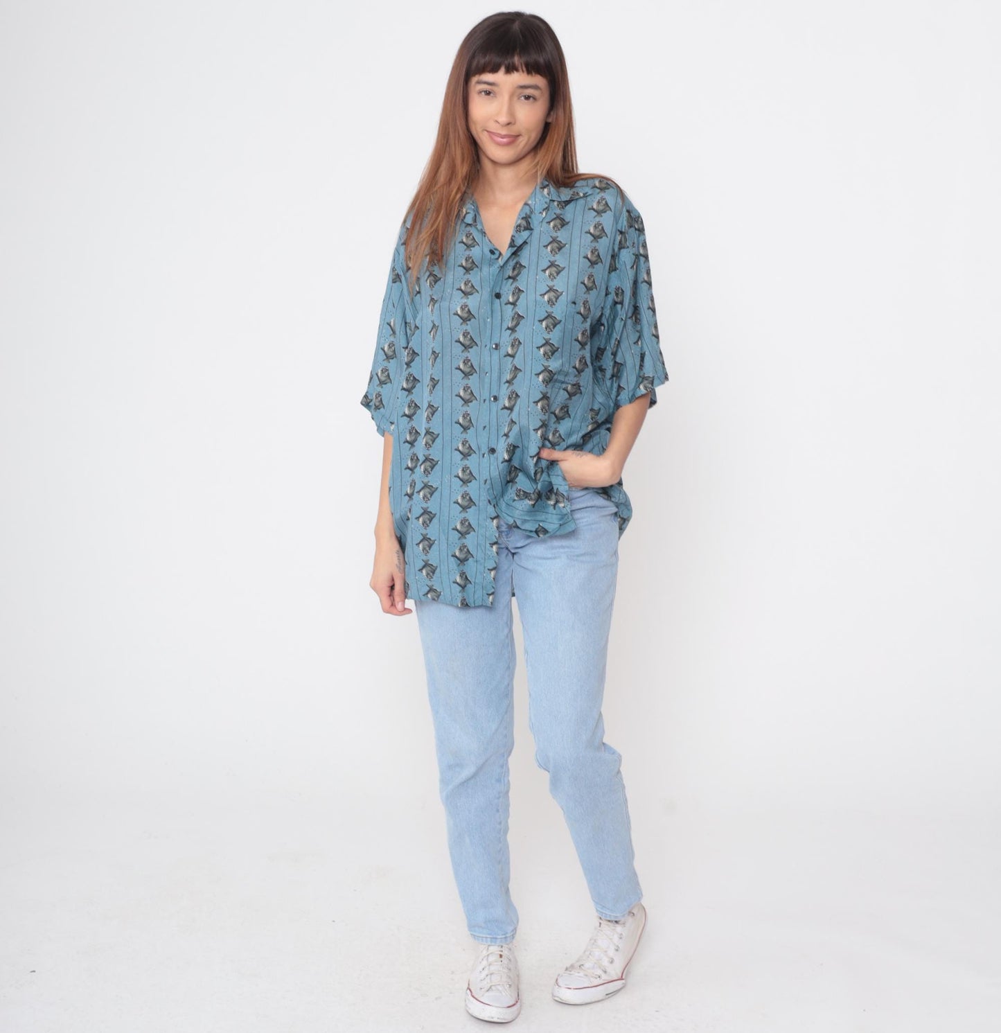 90s Bruno Silk Fish Print Button Down Shirt Blue Medium M