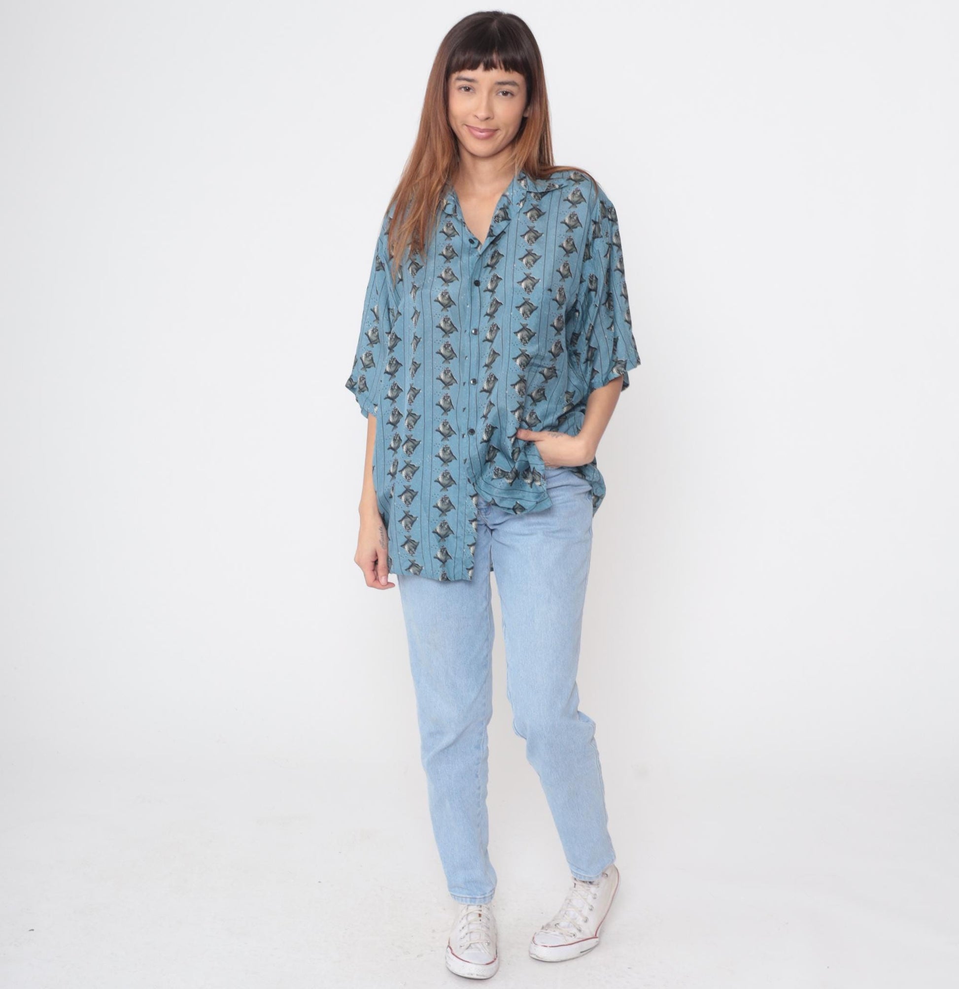 90s Bruno Silk Fish Print Button Down Shirt Blue Medium M