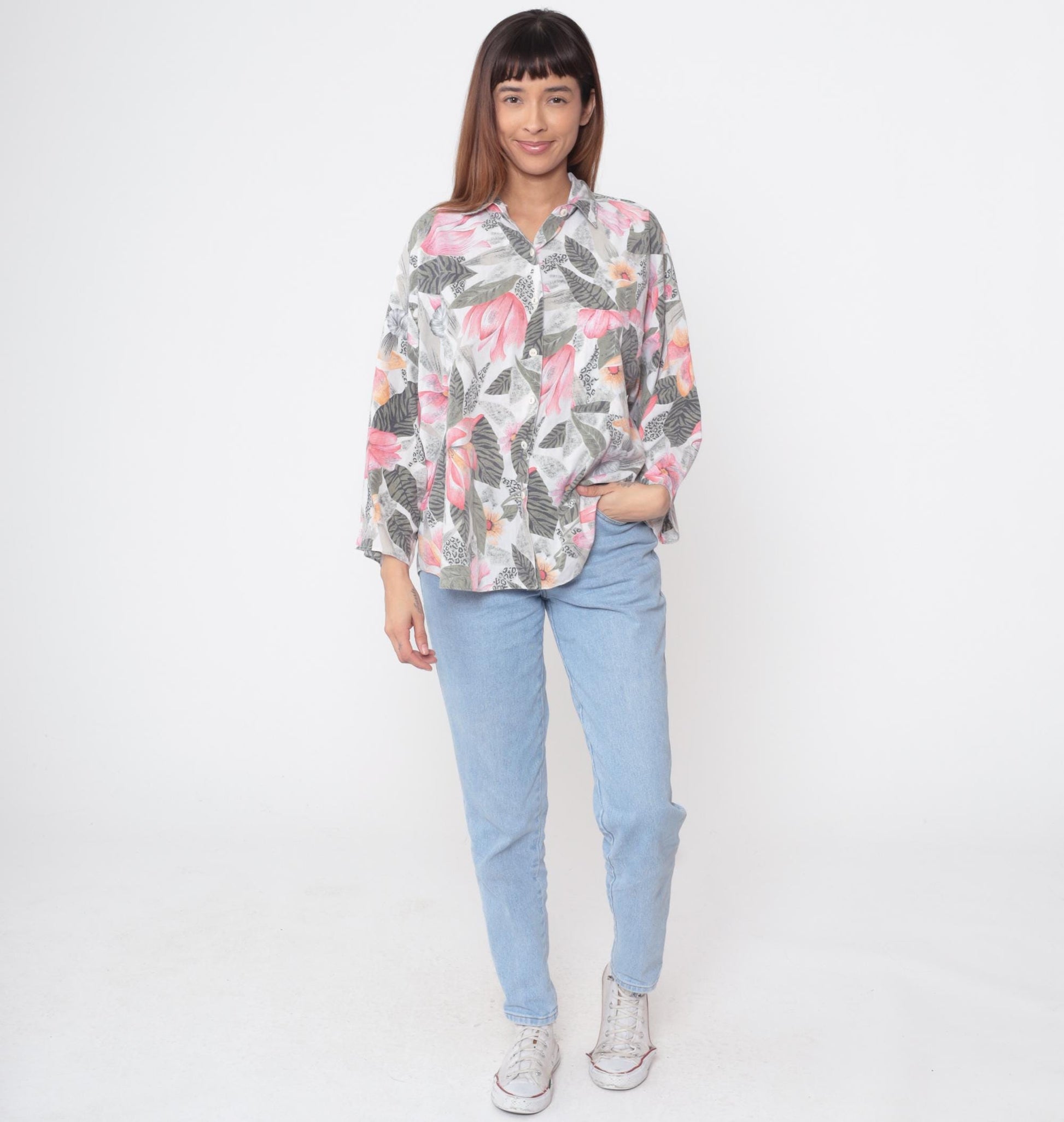 90s Box Office Floral Button Down Shirt Pink Orange Green Tropical Large L