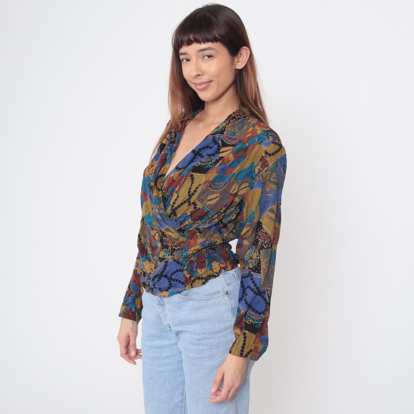 90s Ms Interpret Wrap Blouse Abstract Patchwork Long Sleeve Medium M