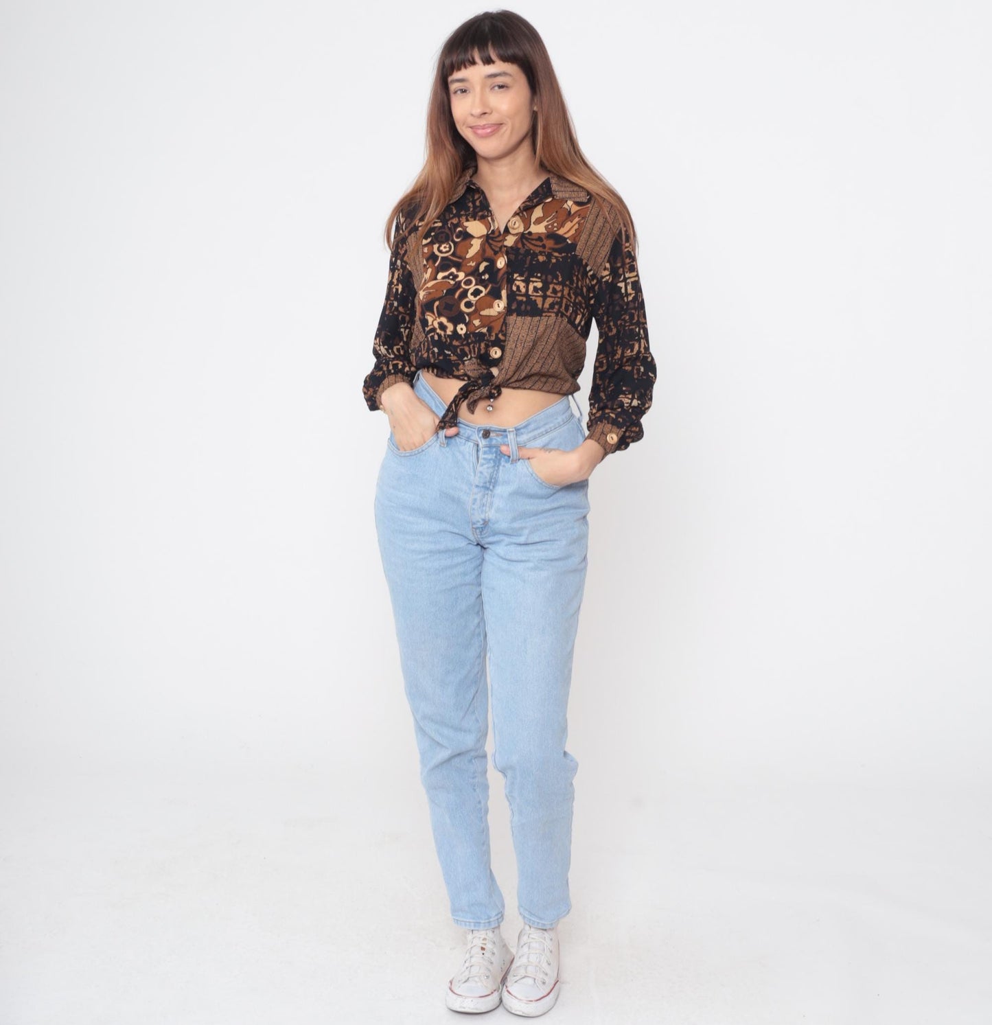 90s Carole Little Abstract Geometric Tie Front Crop Top Brown Small