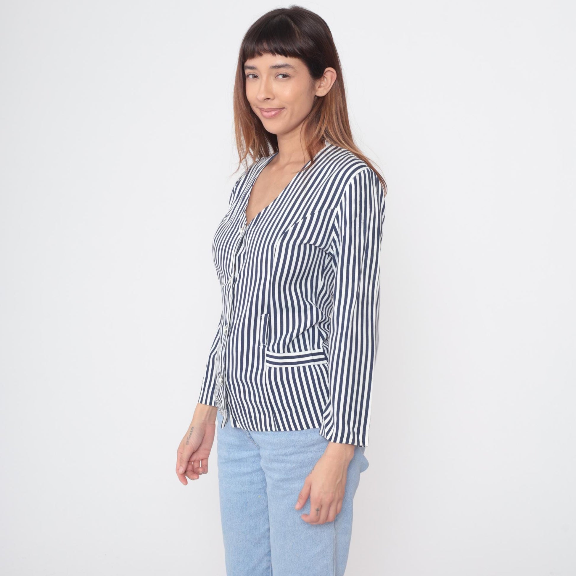 80s Nautical Striped Button-Front Blouse Navy White Pearl Buttons Medium