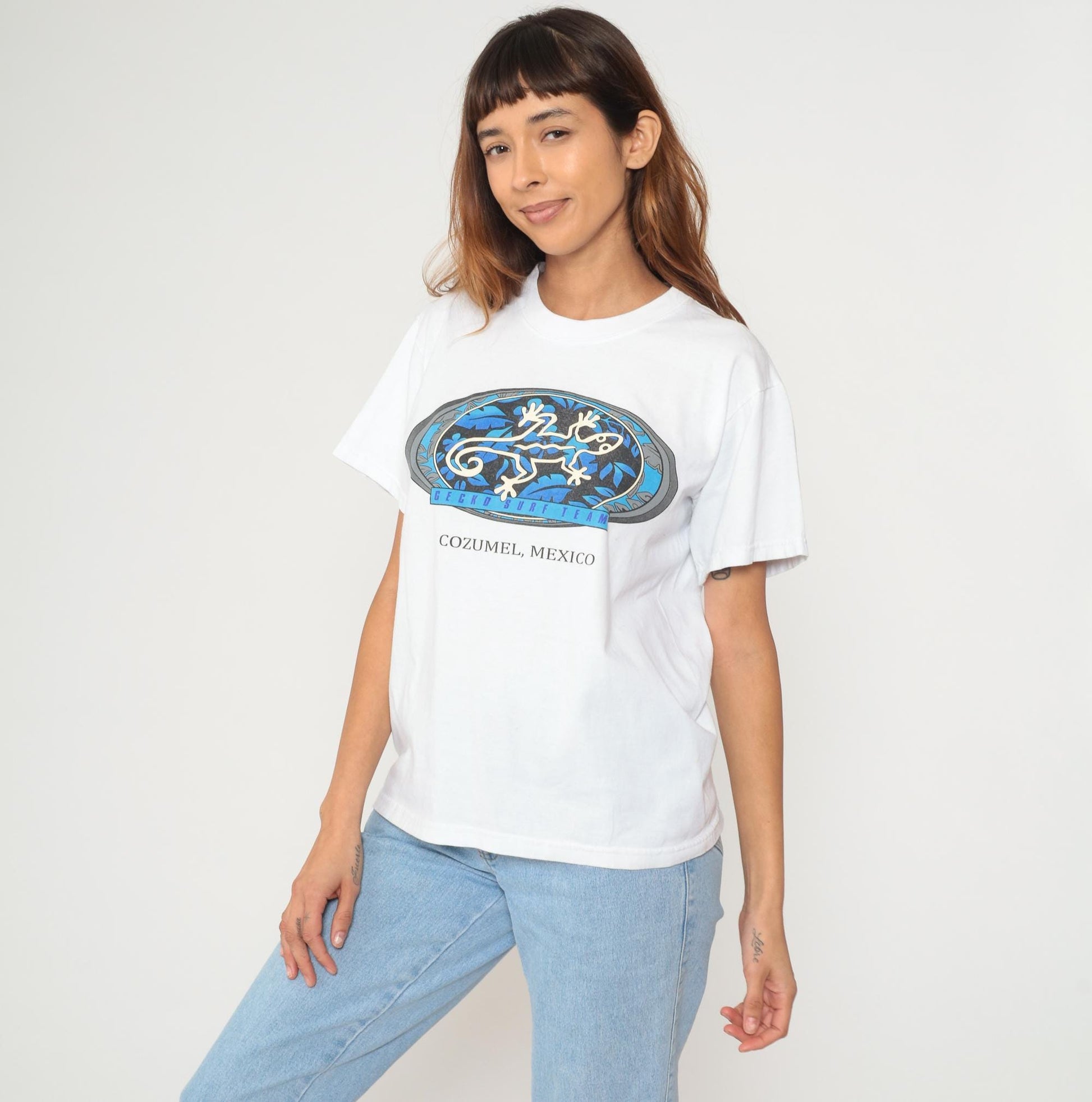Y2K Gecko Surf Team Cozumel Mexico White Cotton Graphic Tee Medium