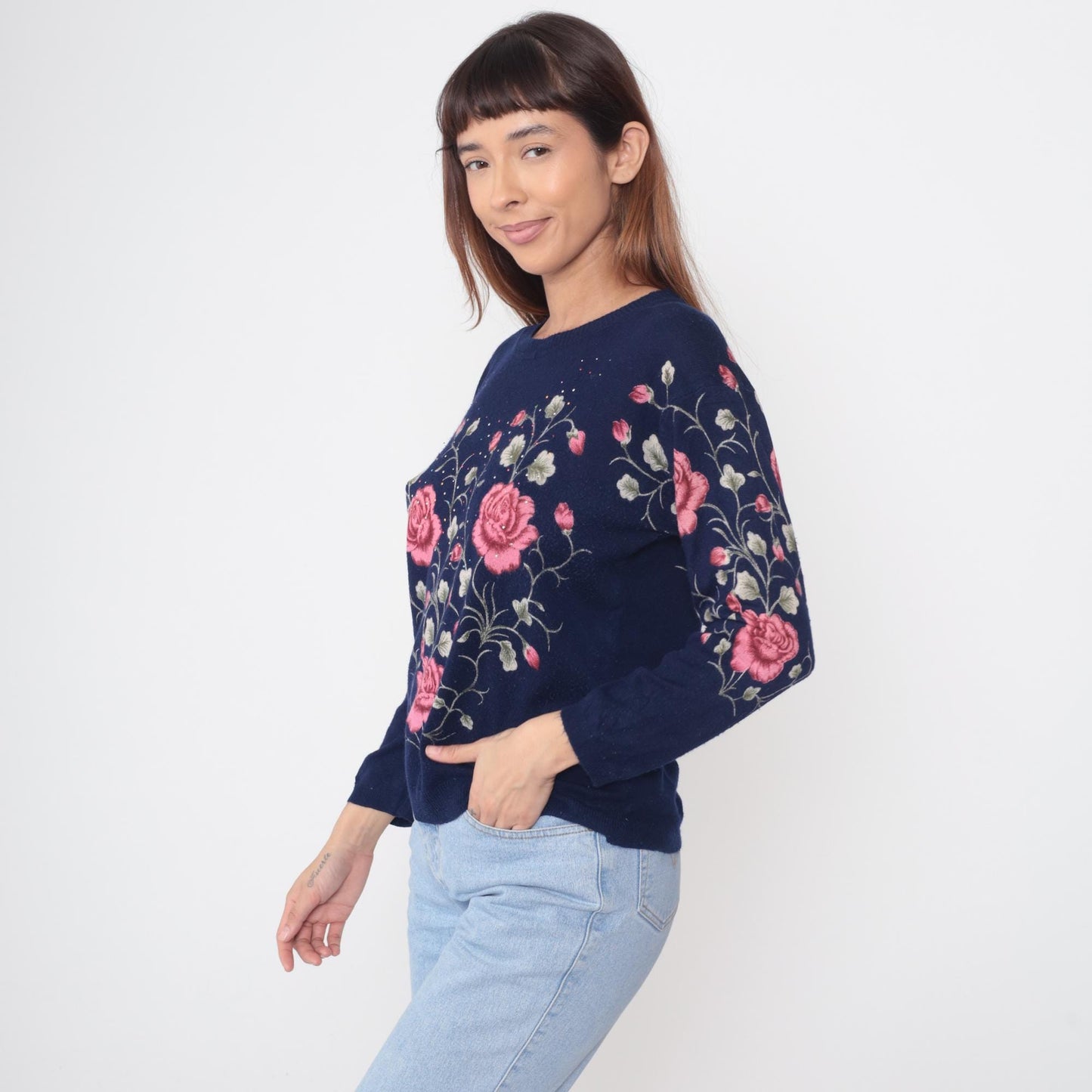 90s Navy Rose Embroidered Sweater Pink Beaded Knit Pullover Large L