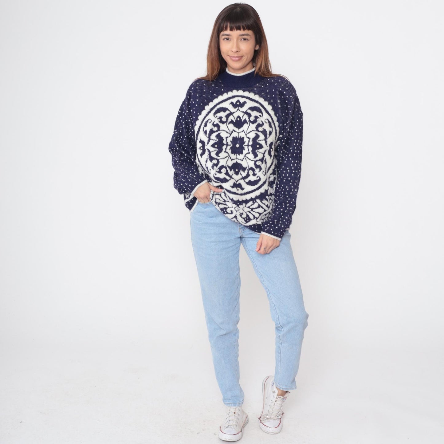 80s Navy Blue White Geometric Medallion Knit Sweater Beaded Crewneck Medium