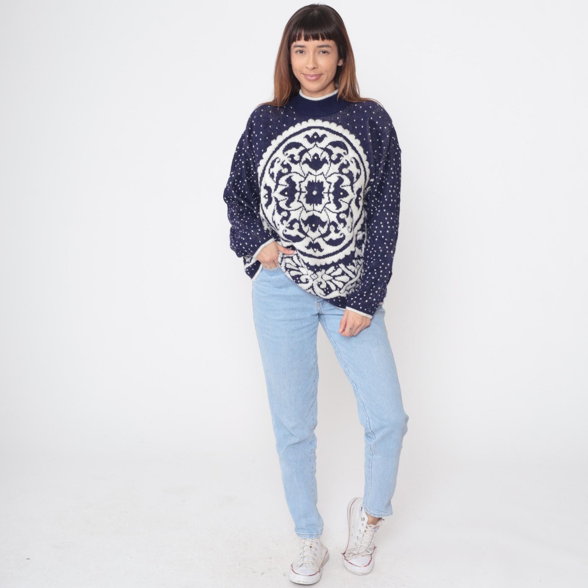 80s Navy Blue White Geometric Medallion Knit Sweater Beaded Crewneck Medium