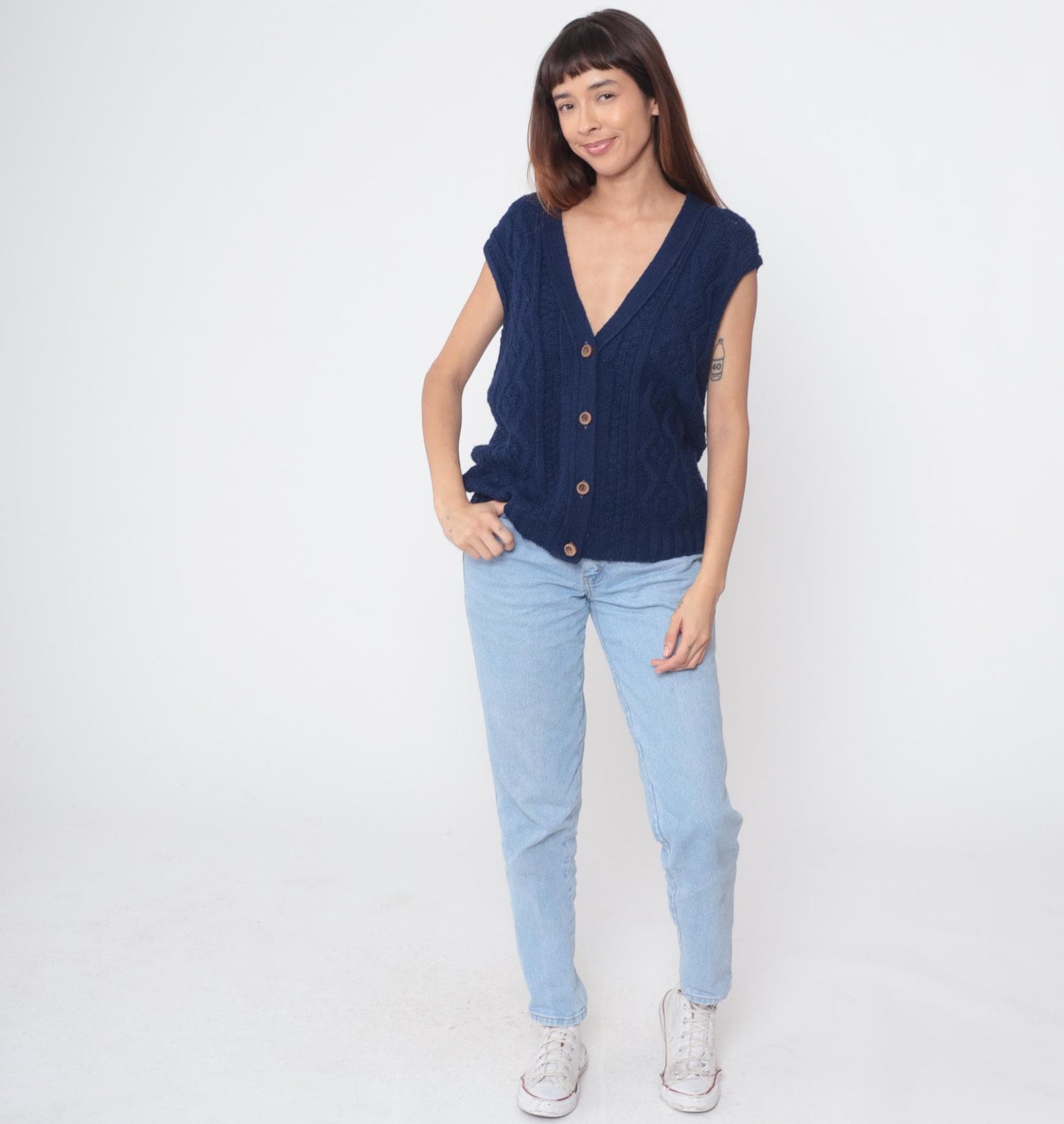 70s Navy Cable Knit Vest Deep V Button Front Sleeveless Medium
