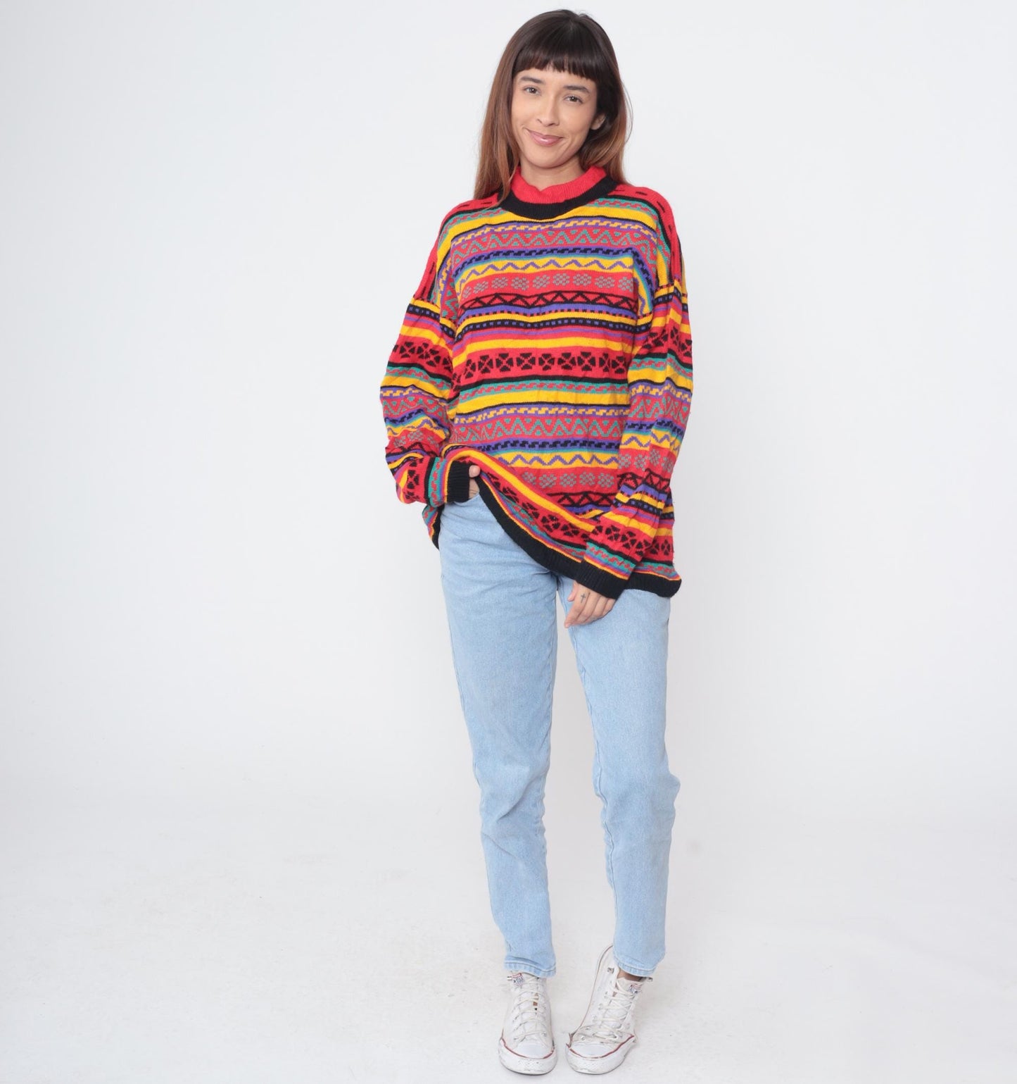 90s Green Lantern Aztec Geometric Sweater Multicolor Crew Neck Medium M