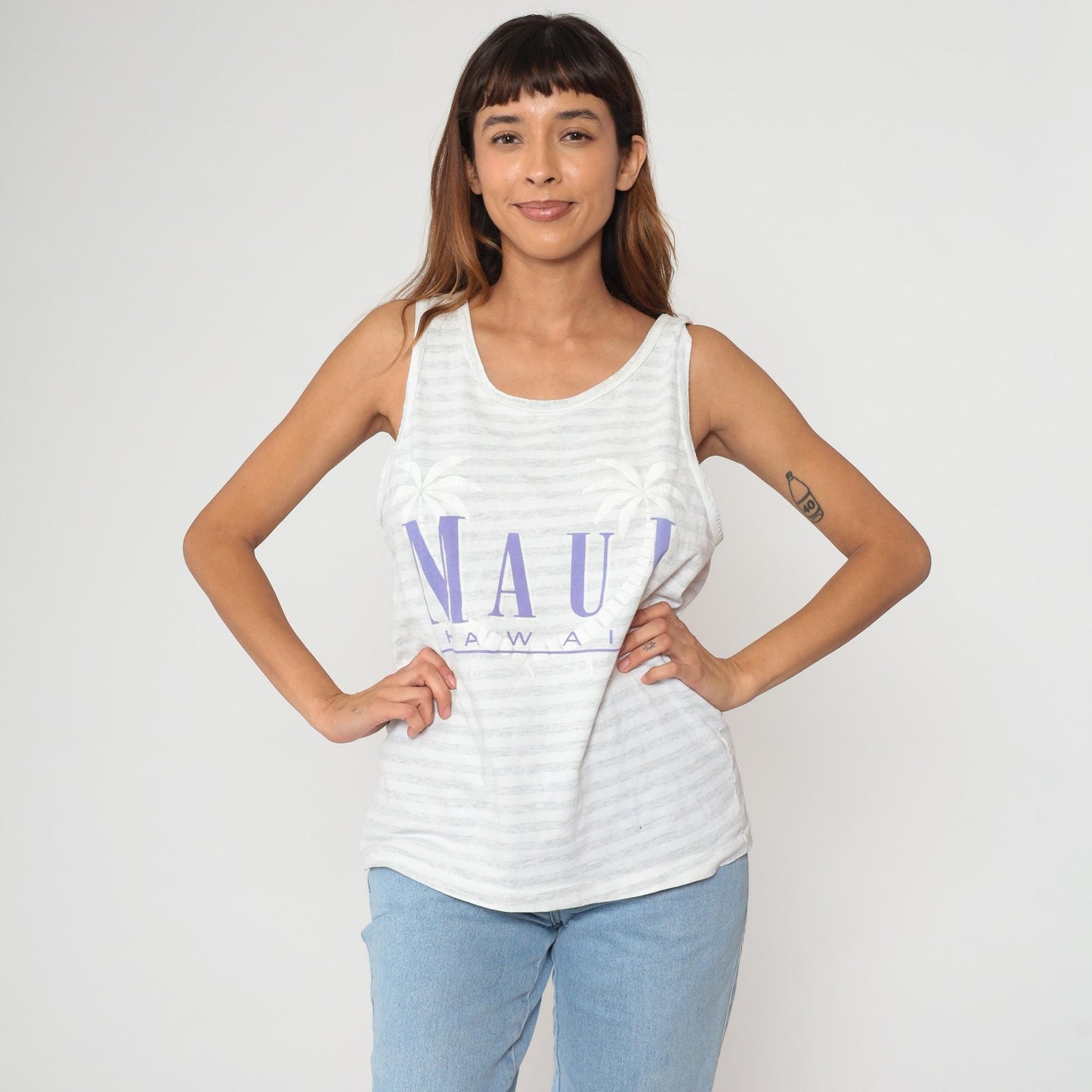 90s Maui Hawaii Tank Top White Stripe Purple Text Palm Tree Medium