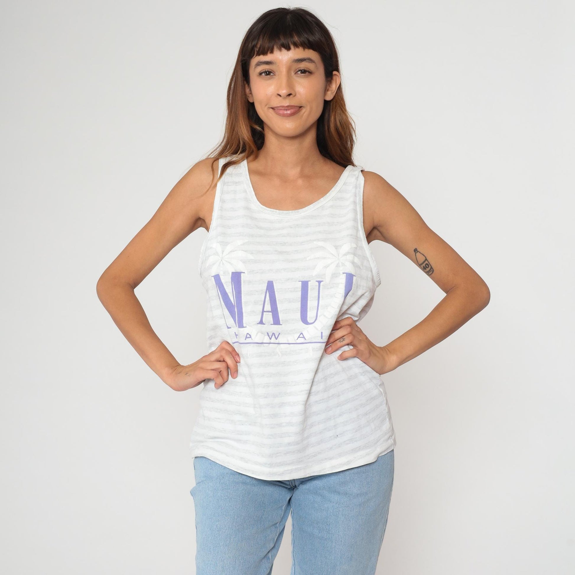 90s Maui Hawaii Tank Top White Stripe Purple Text Palm Tree Medium