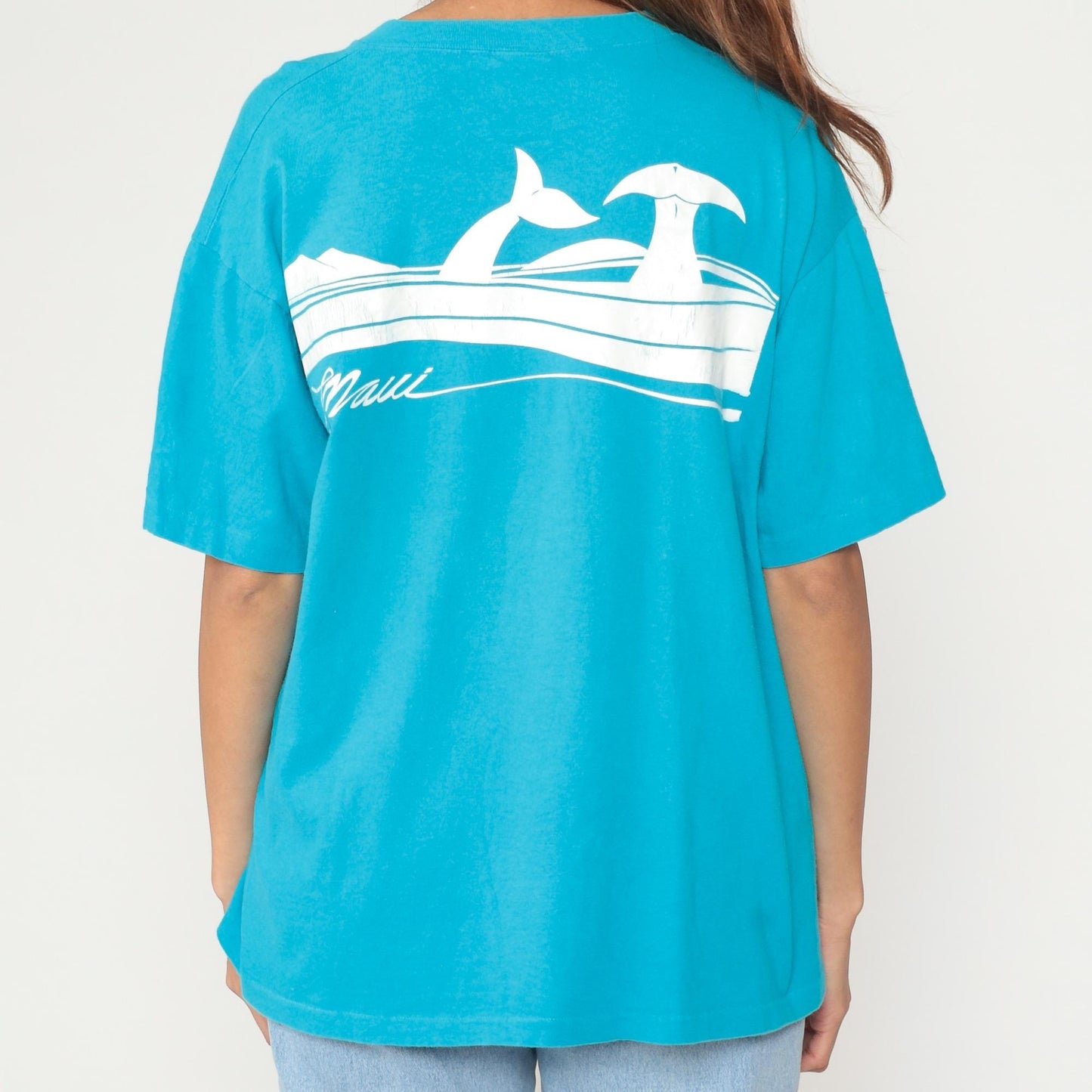 90s Maui Hawaii Whale Graphic Cotton T-Shirt Turquoise Wraparound Extra Large XL