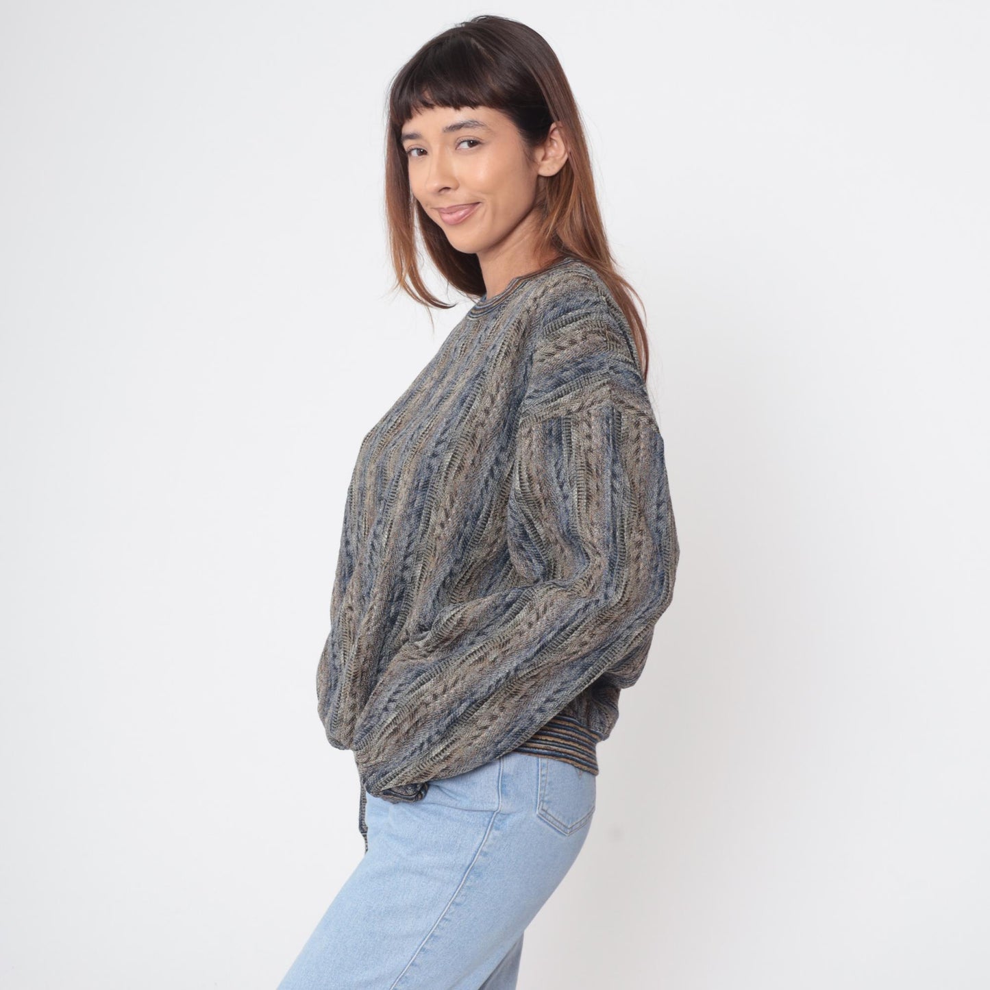 90s Jhane Barnes Knit Sweater Striped Crew Neck Earth Tone Large