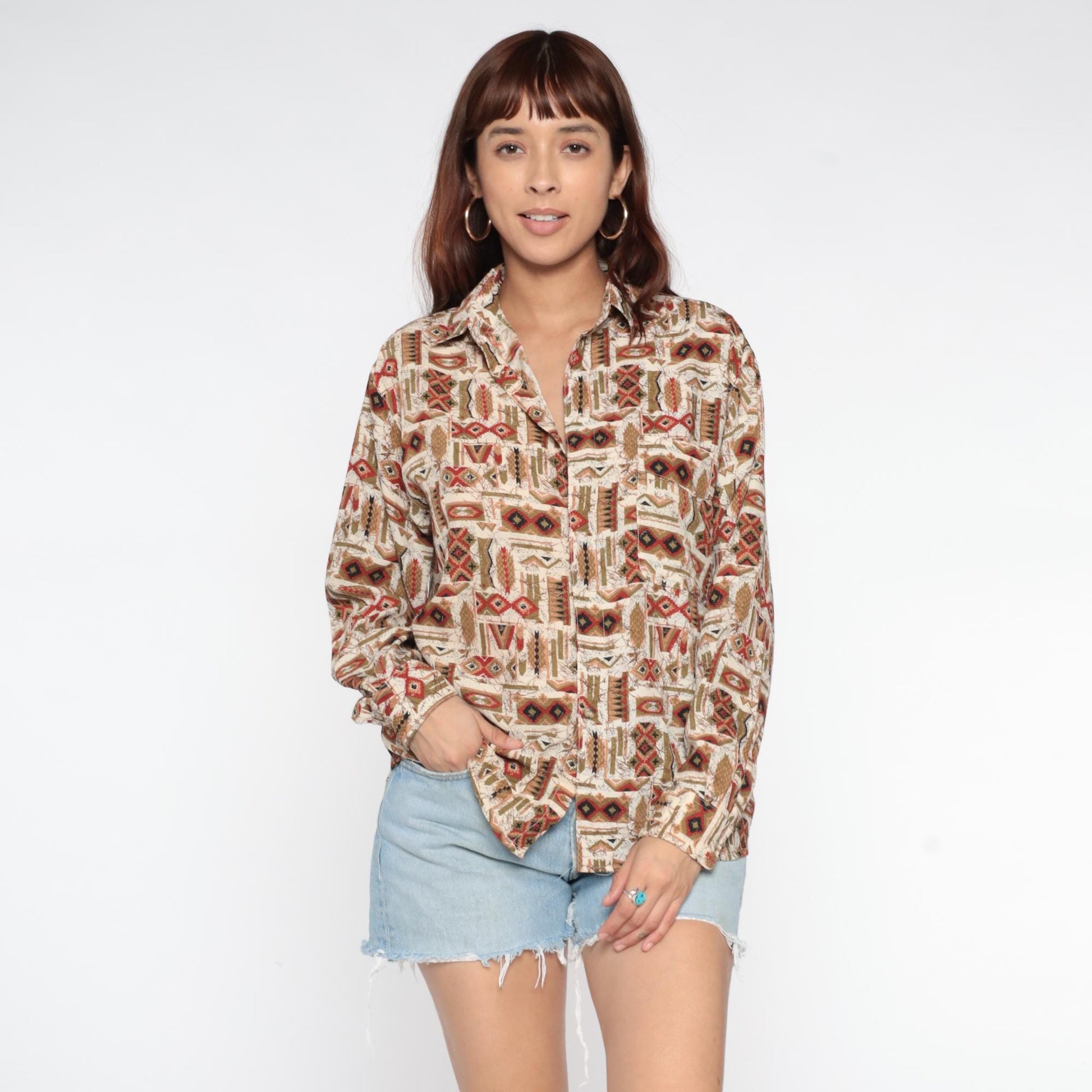 90s Tribal Geometric Button-Up Shirt Cream Rust Red Navy Olive Small