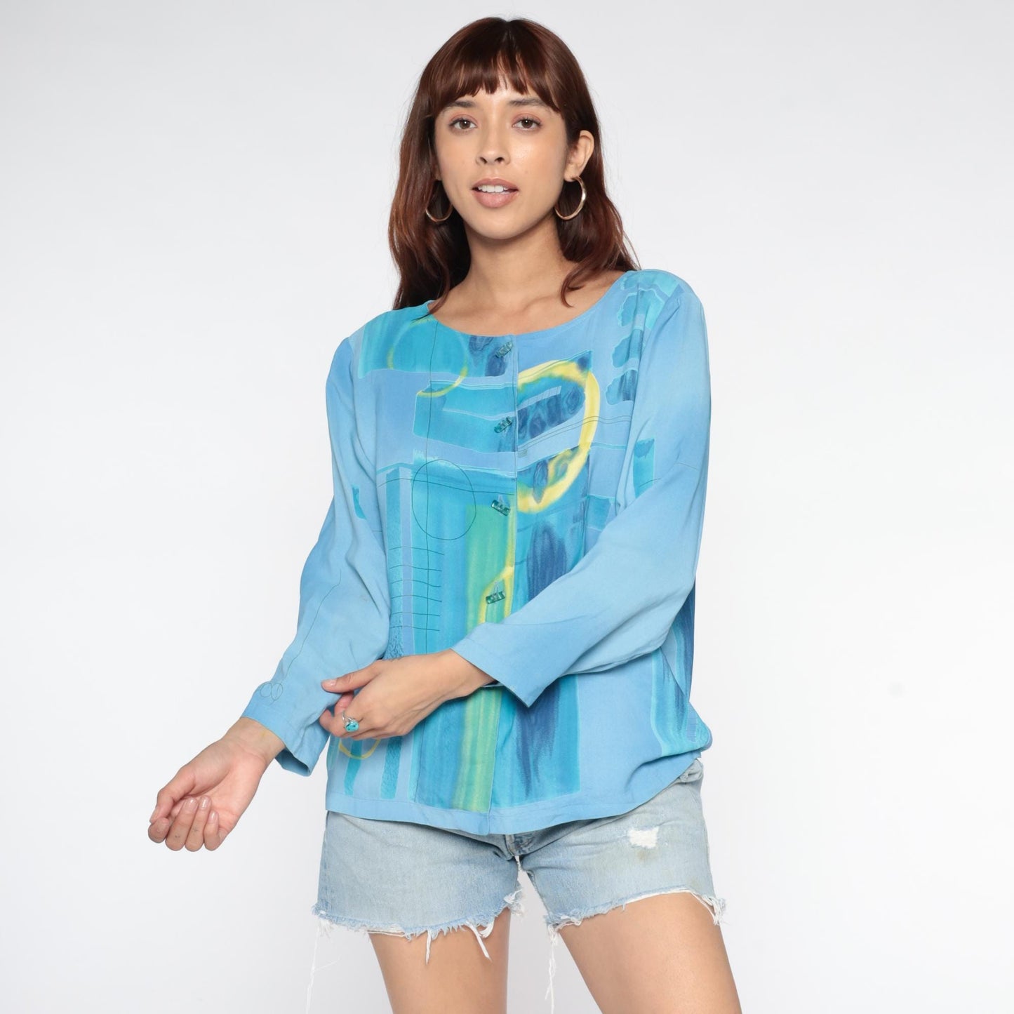 90s Nino Wong Geometric Watercolor Button Blouse Blue Rayon Medium M