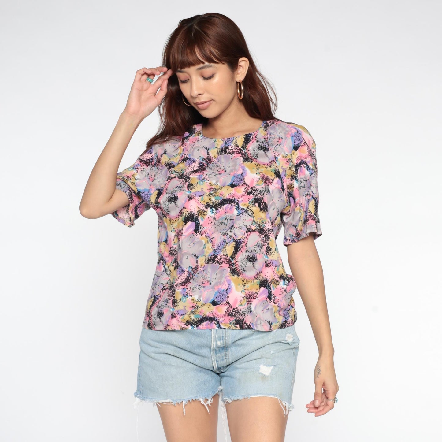 90s Floral Rayon Top Pastel Watercolor Print Scoop Neck Short Sleeve Small