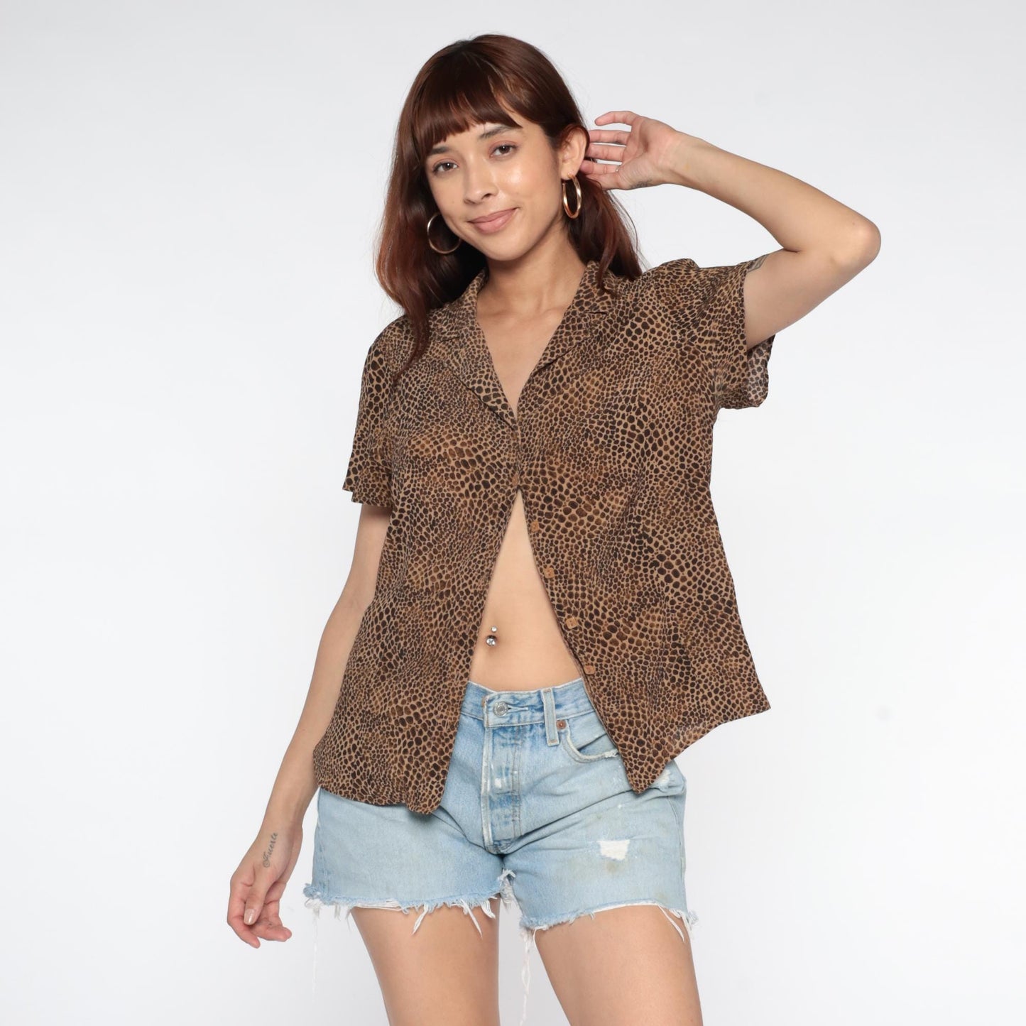 90s Leopard Print Button-Up Blouse Beige Brown Collared Short Sleeve Large L