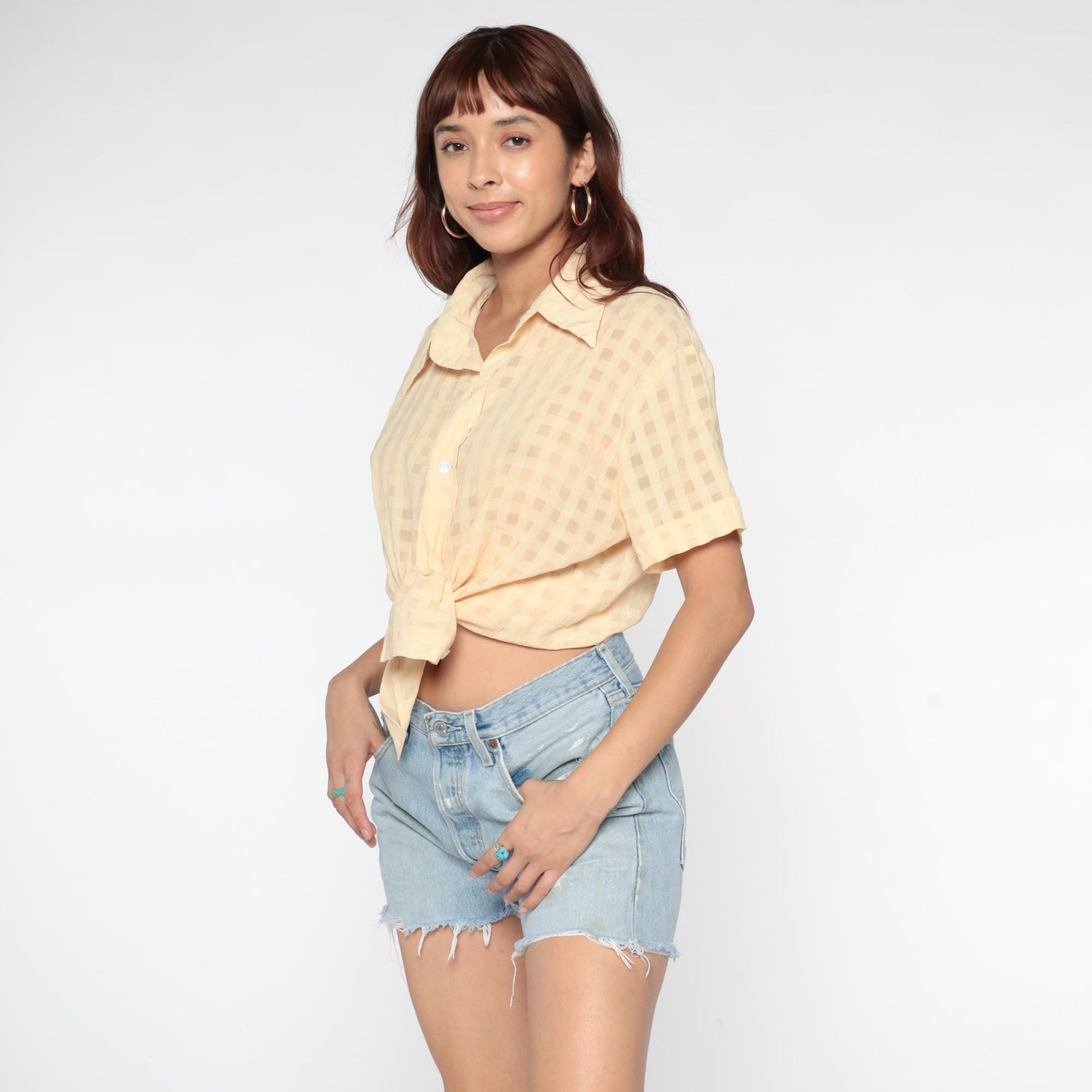 90s Denis Battochio Cream Gingham Button-Up Shirt Short Sleeve Medium M