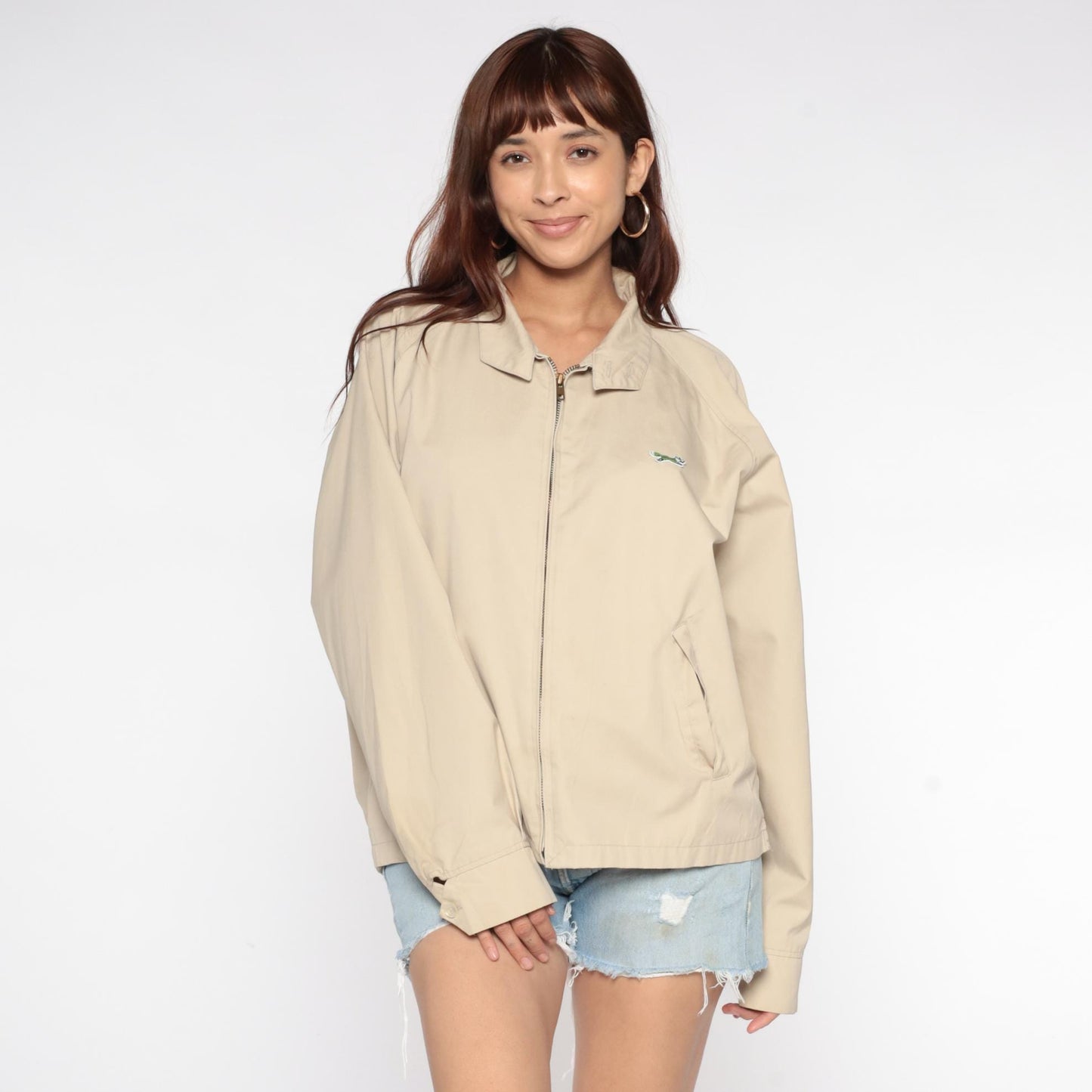 80s The Fox Beige Zip-Up Jacket Pointed Collar Embroidered Logo Medium
