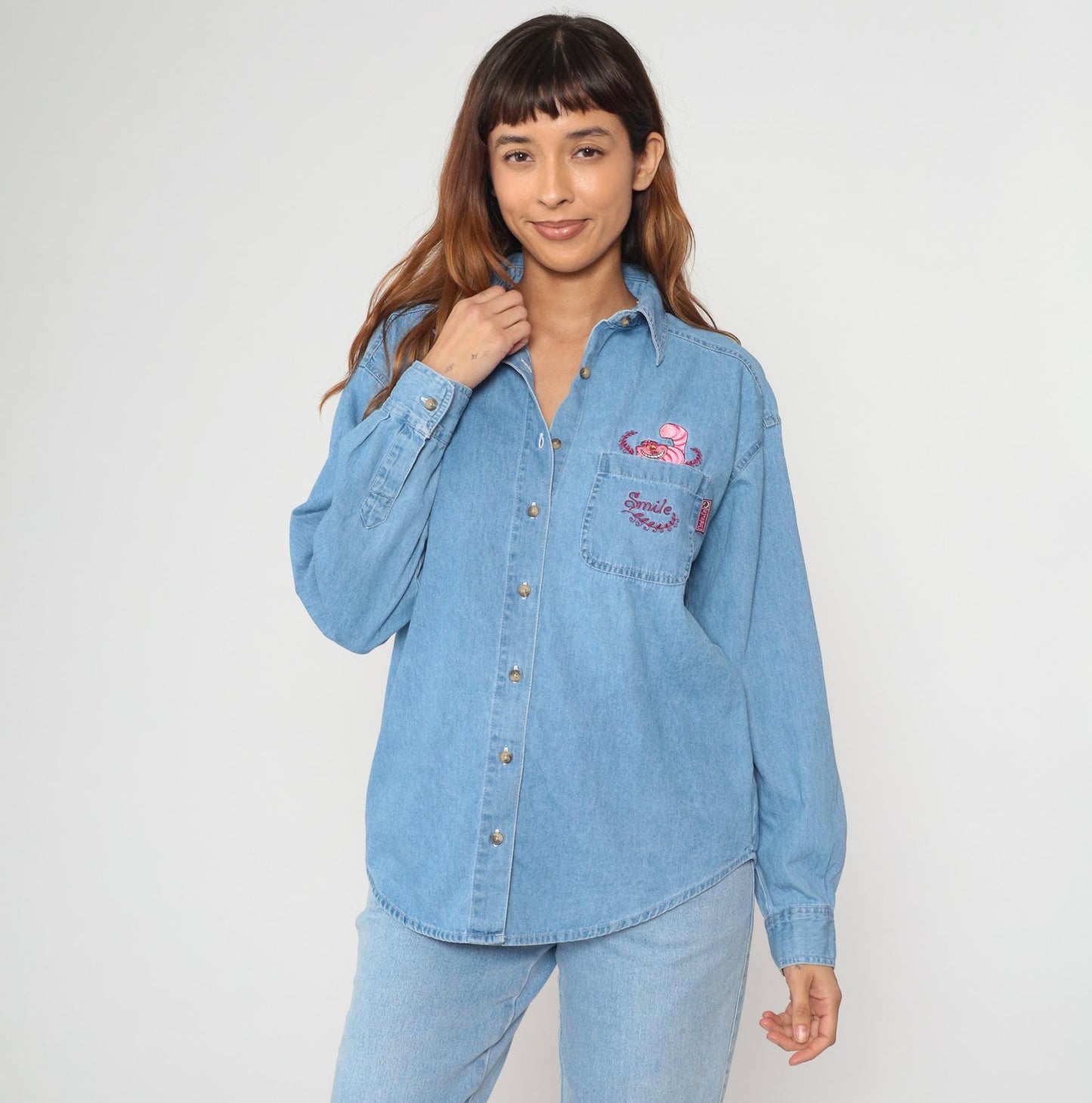 90s Disney Cheshire Cat Denim Shirt Embroidered Button Up Small