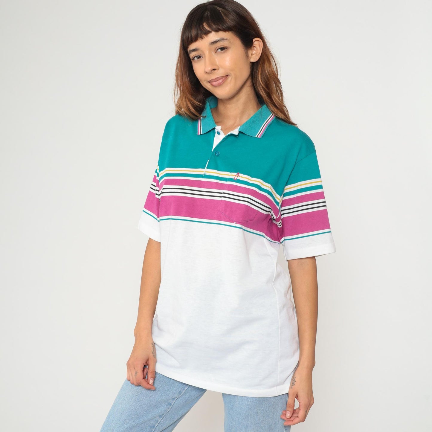 80s Penguin Striped Polo Shirt White Teal Purple Gold Quarter Button Medium