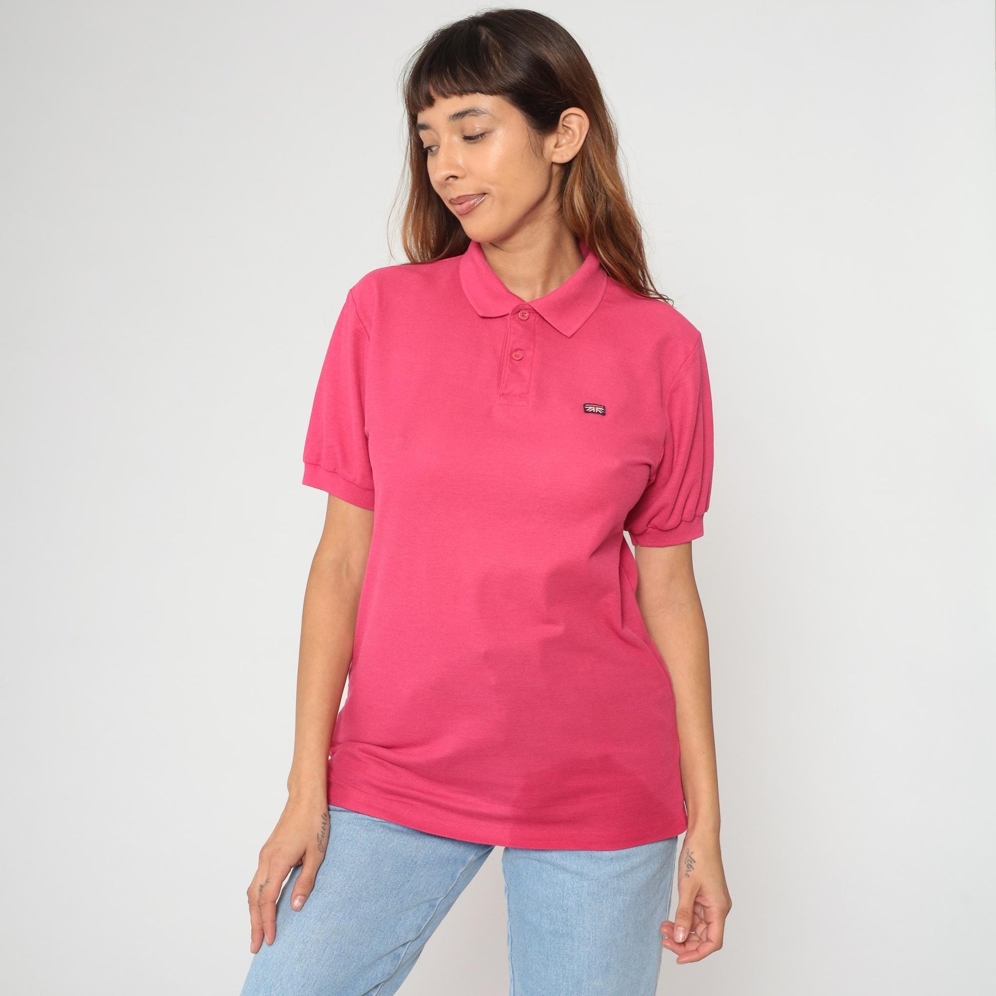 80s Brittania Polo Shirt Hot Pink Collared Short Sleeve Medium M