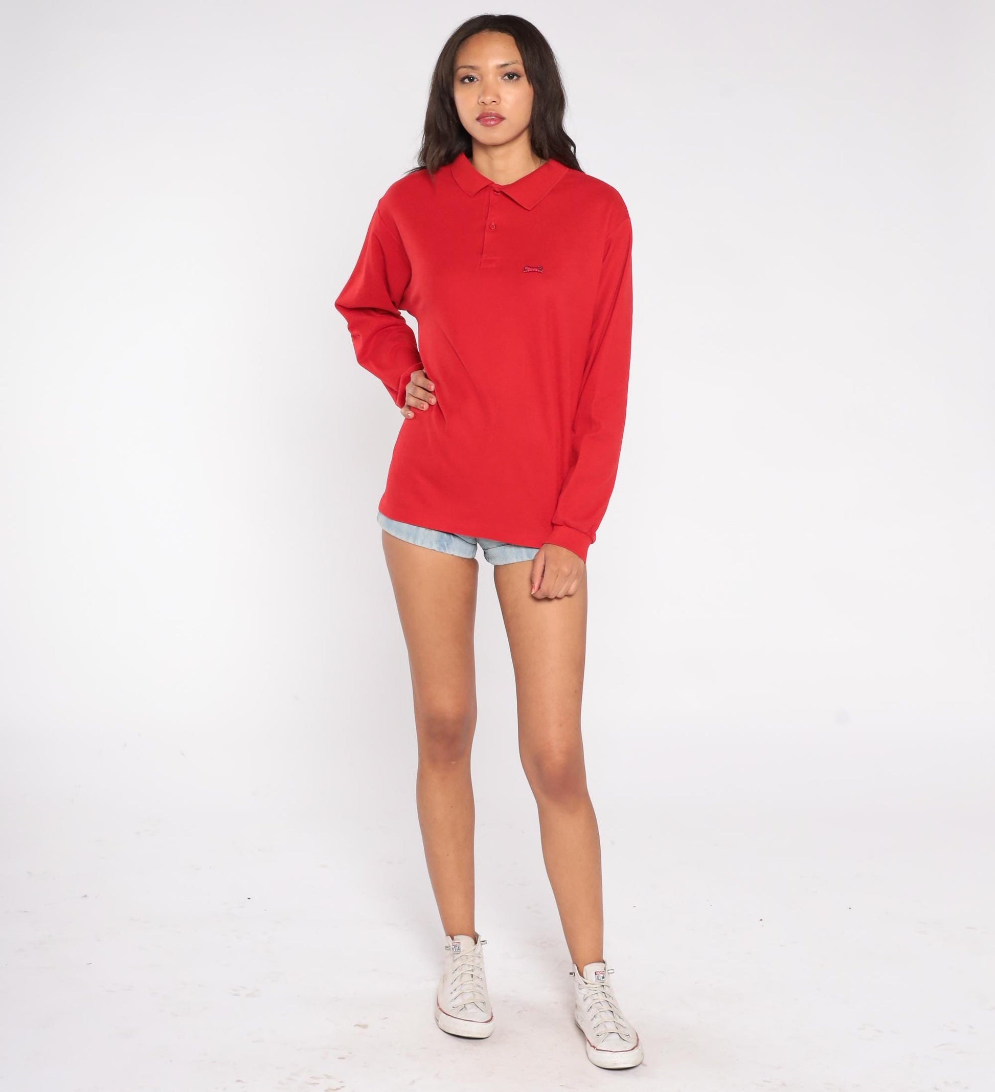 80s LeTigre Red Polo Shirt Long Sleeve Embroidered Logo Extra Large XL