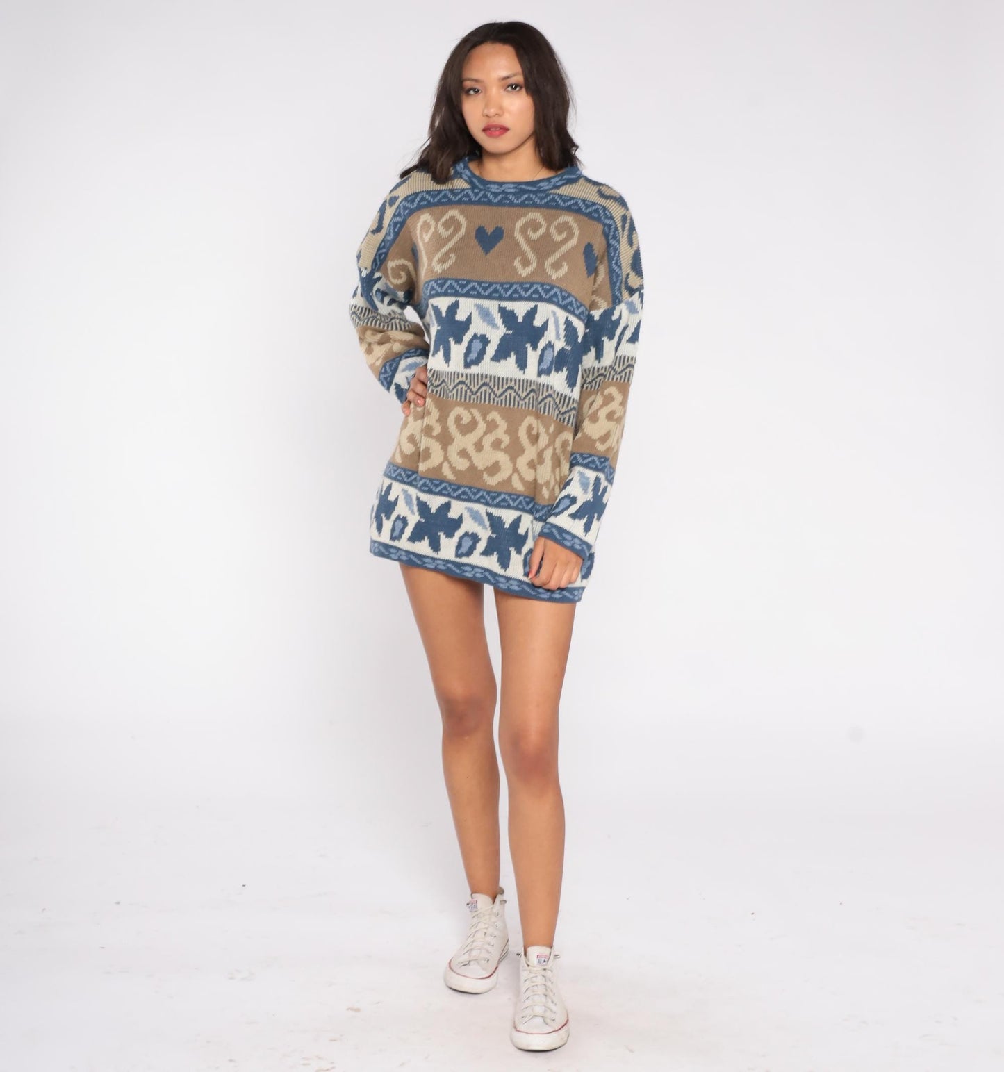 80s Nan Dorsey Fair Isle Sweater Nordic Hearts Blue Brown Geometric Knit Extra Large