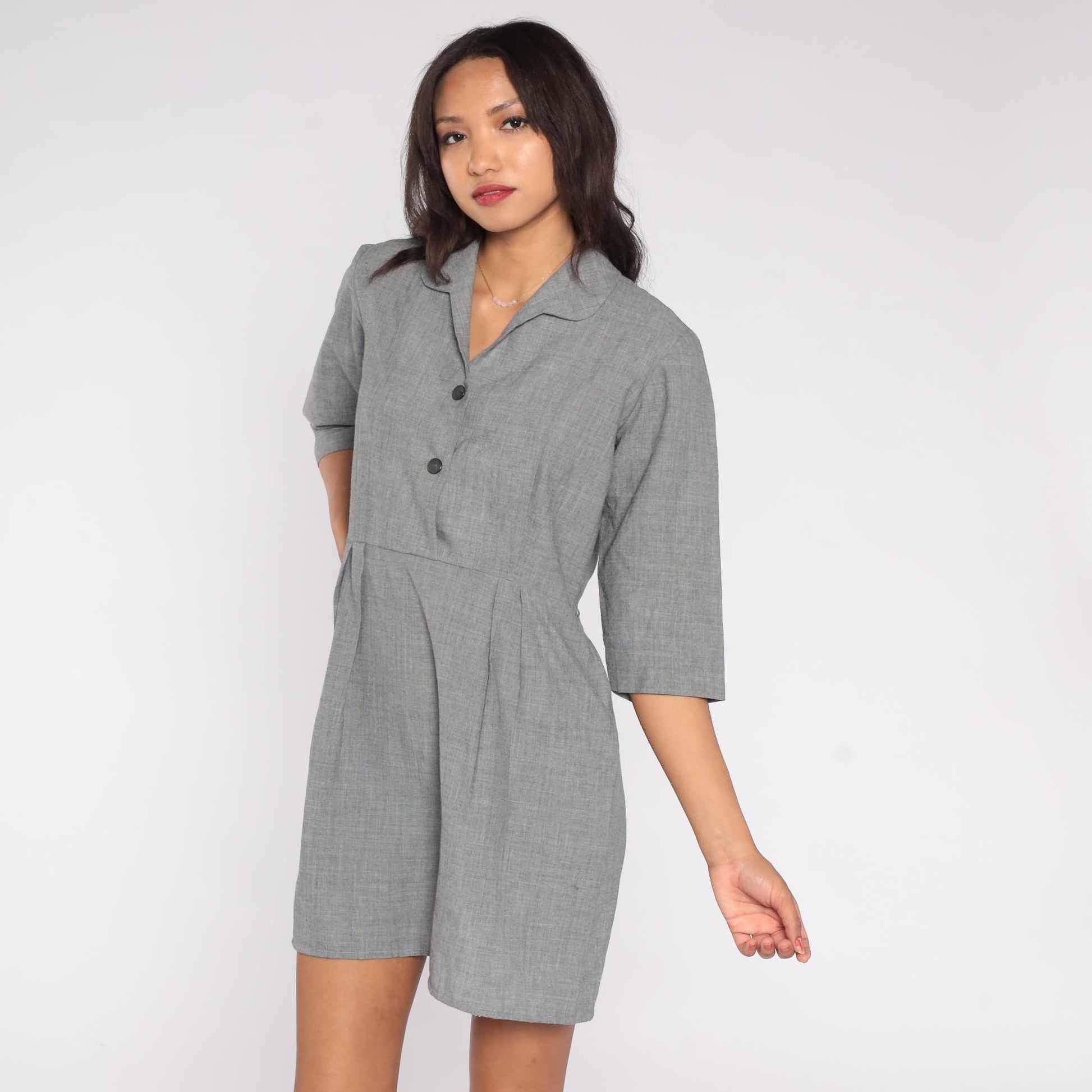 1950s Grey Shirt Dress Button-Front Collar A-Line Knee-Length Large L