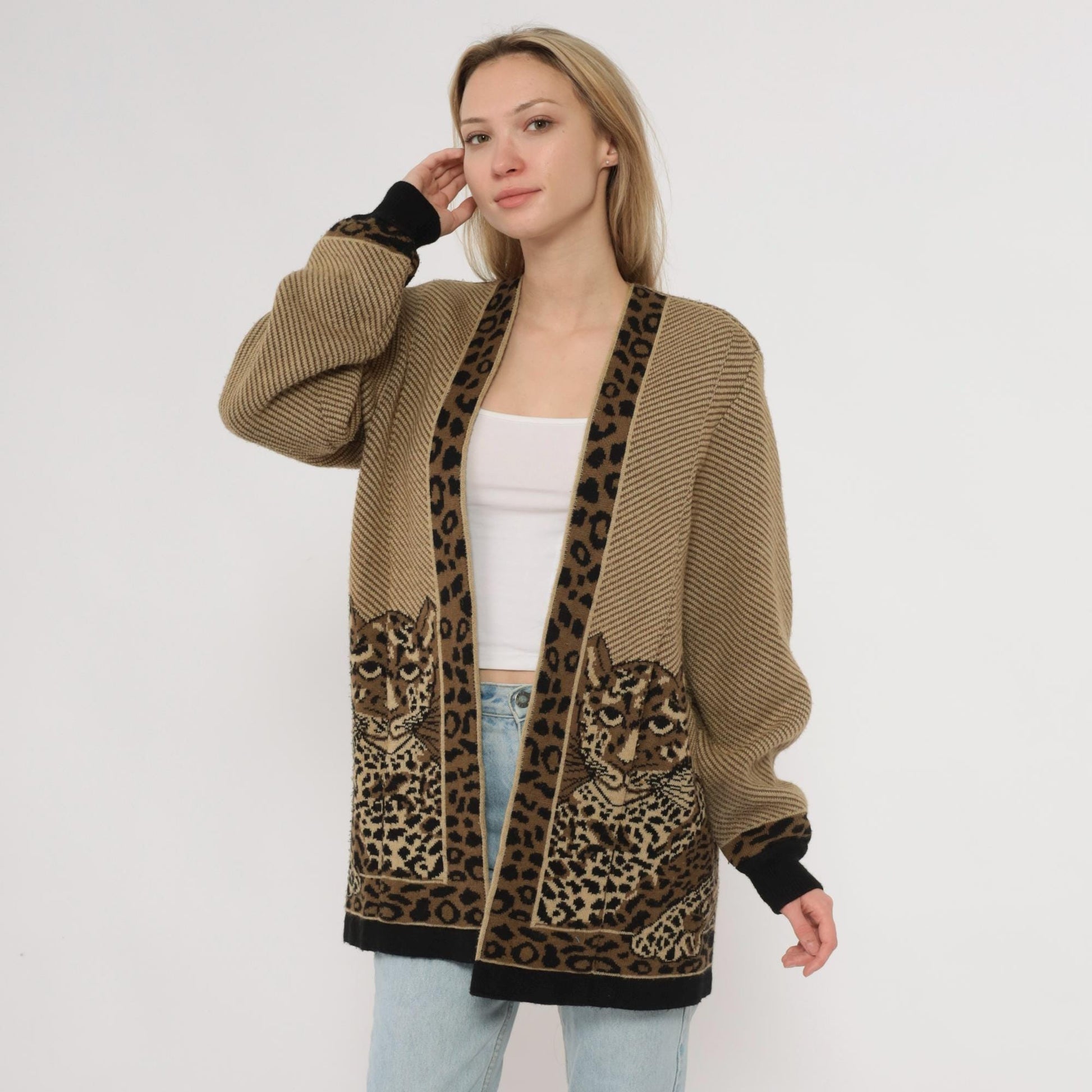 80s Romaye Leopard Cardigan Tan Striped Wool Blend Small S