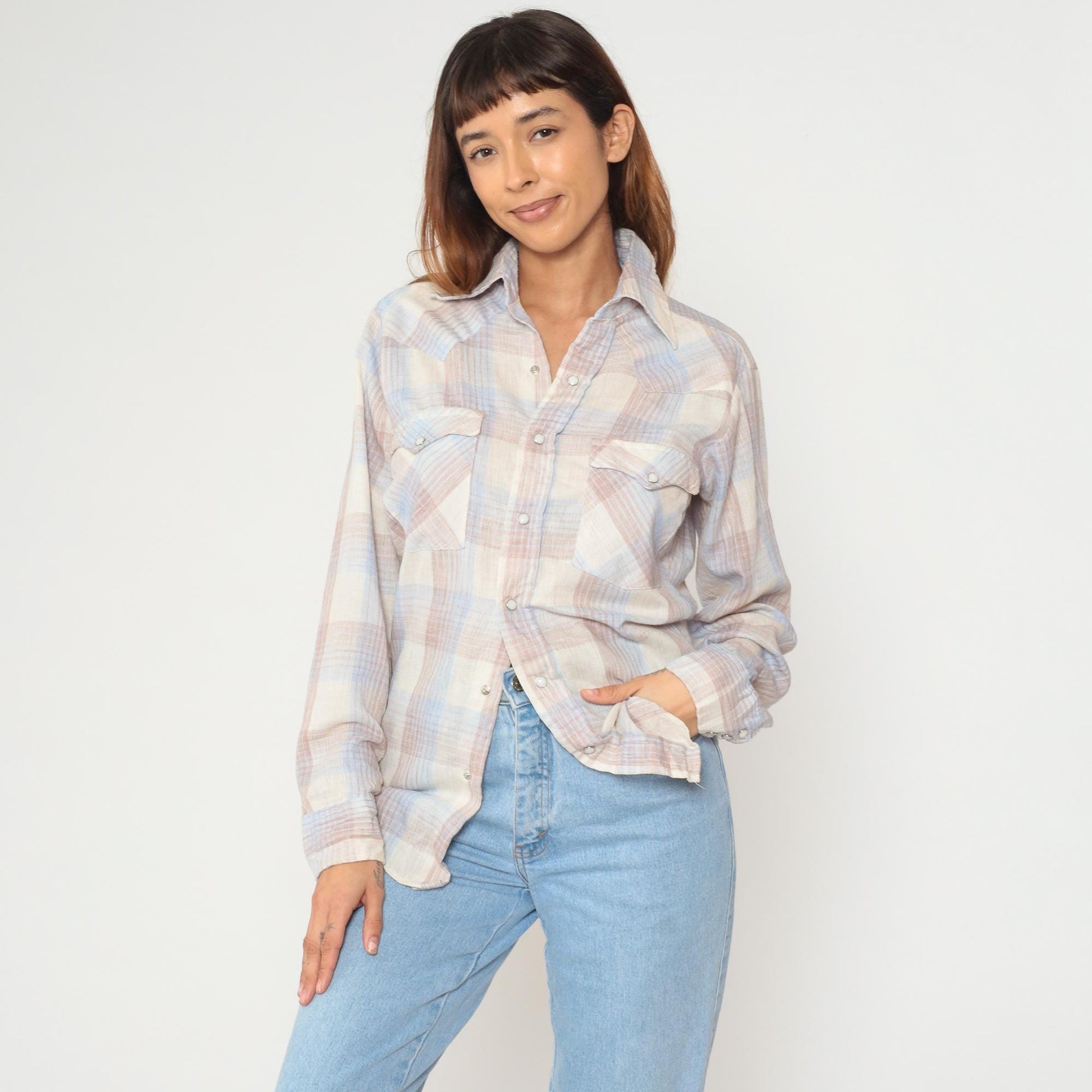 80s Gap Western Pearl Snap Shirt Cream Blue Gingham Plaid Medium