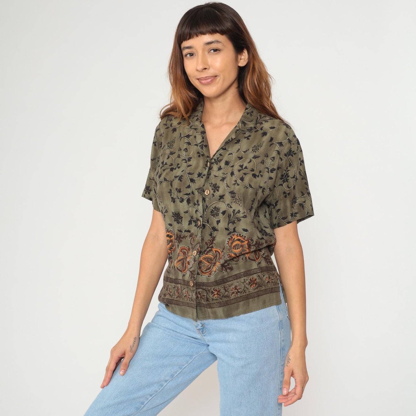 90s Teddi Petites Olive Green Rayon Botanical Floral Button Shirt Medium