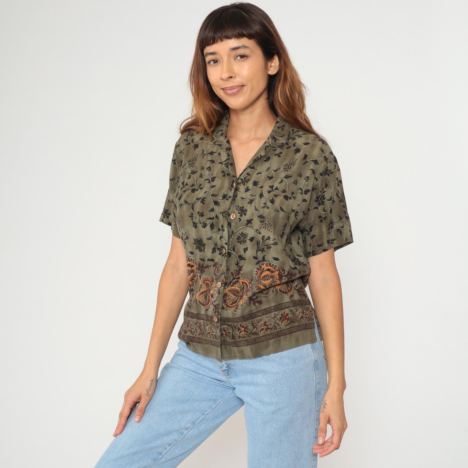 90s Teddi Petites Olive Green Rayon Botanical Floral Button Shirt Medium