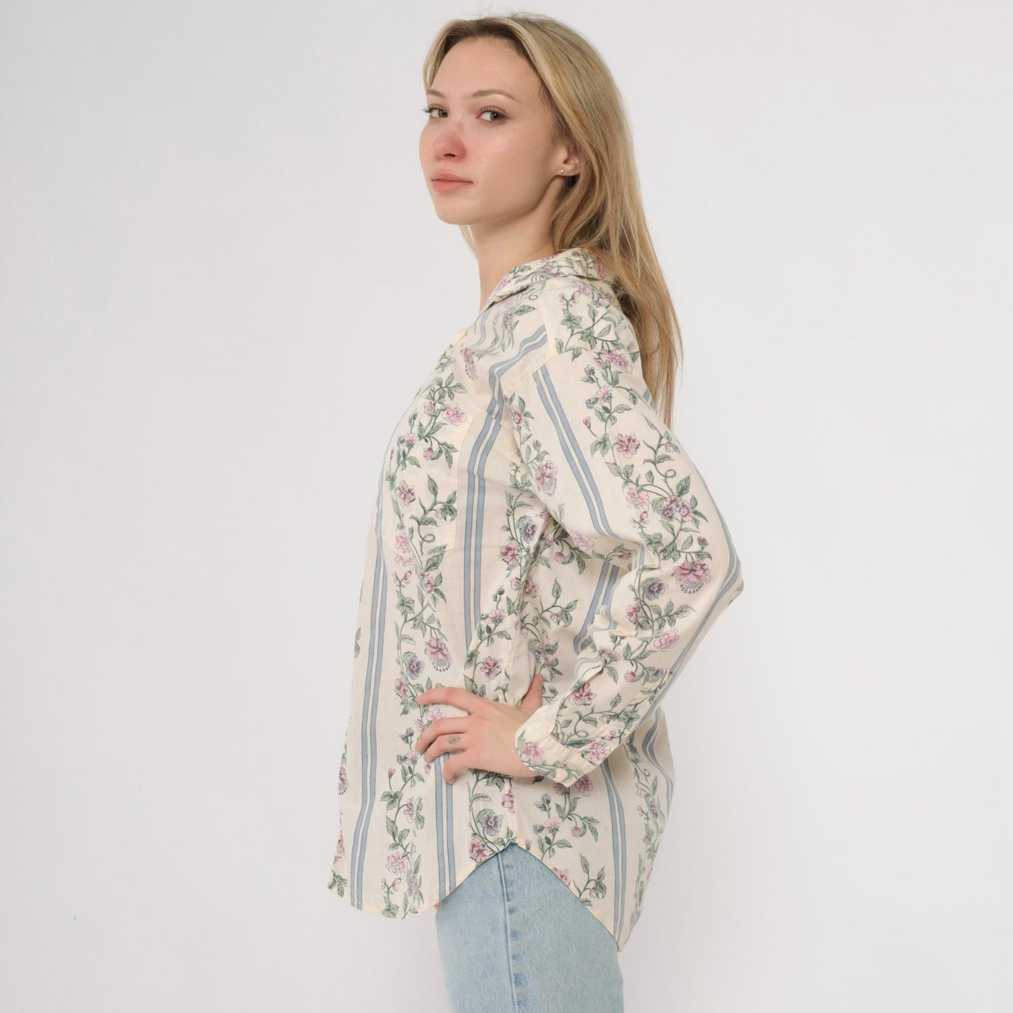 90s Pure Love Take Away Floral Button Up Shirt Cream Small S