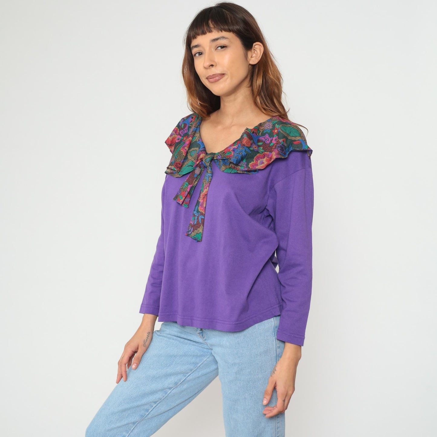 90s Purple Floral Tie Neck Cotton Blouse Long Sleeve V-Neck Medium M