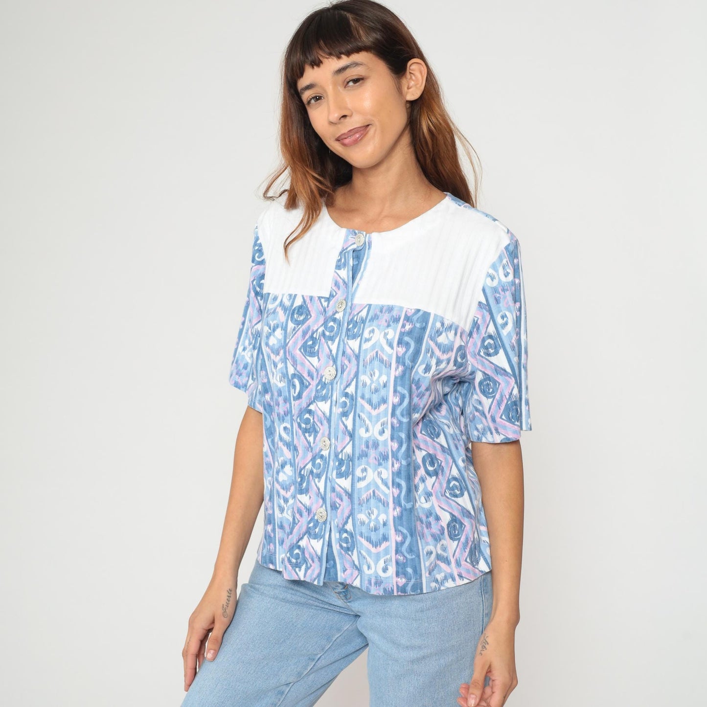90s Blue Ikat Geometric Print Cotton Blouse Button Front Tribal Pattern Large L