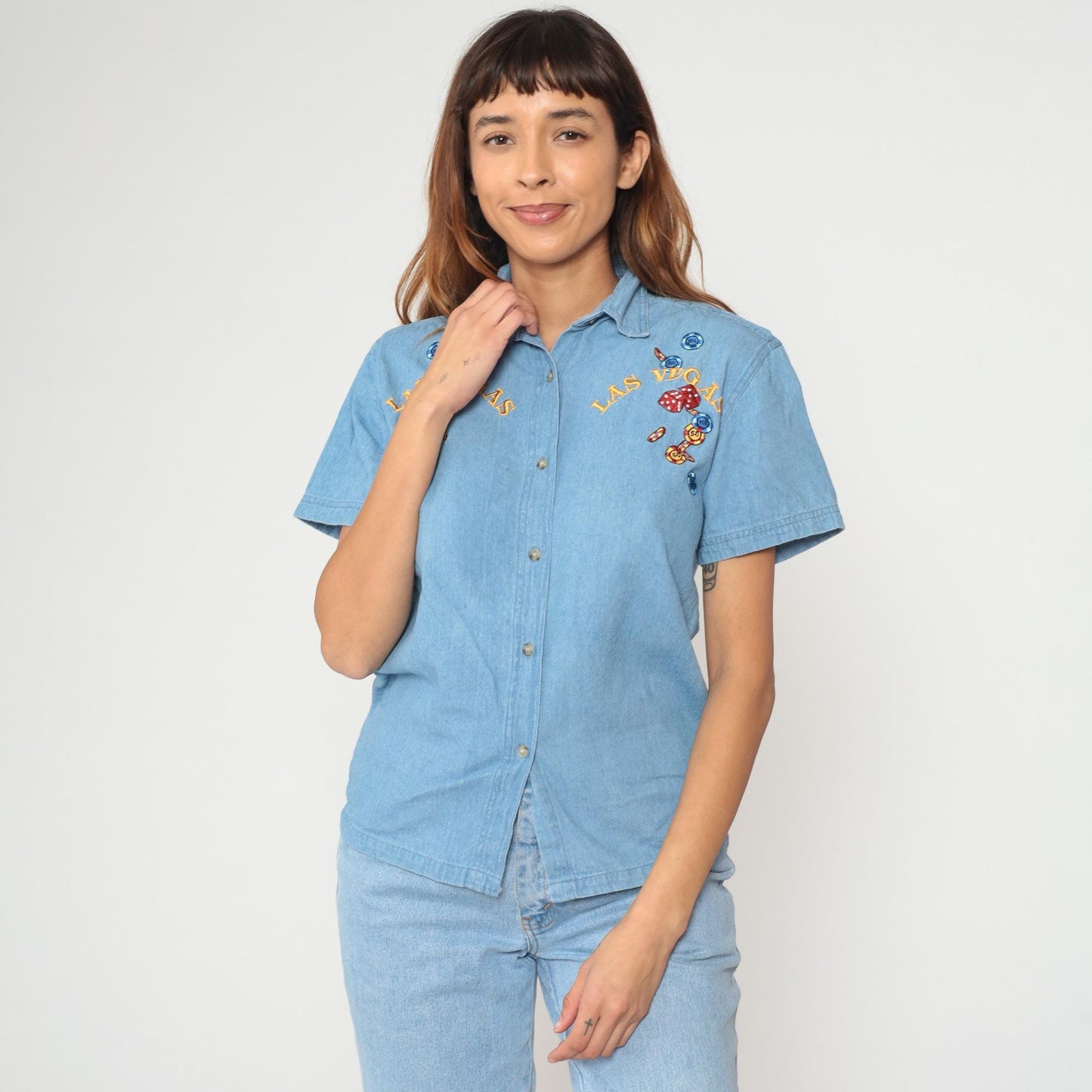 Y2K Las Vegas Casino Denim Shirt Embroidered Dice Gambling Small S
