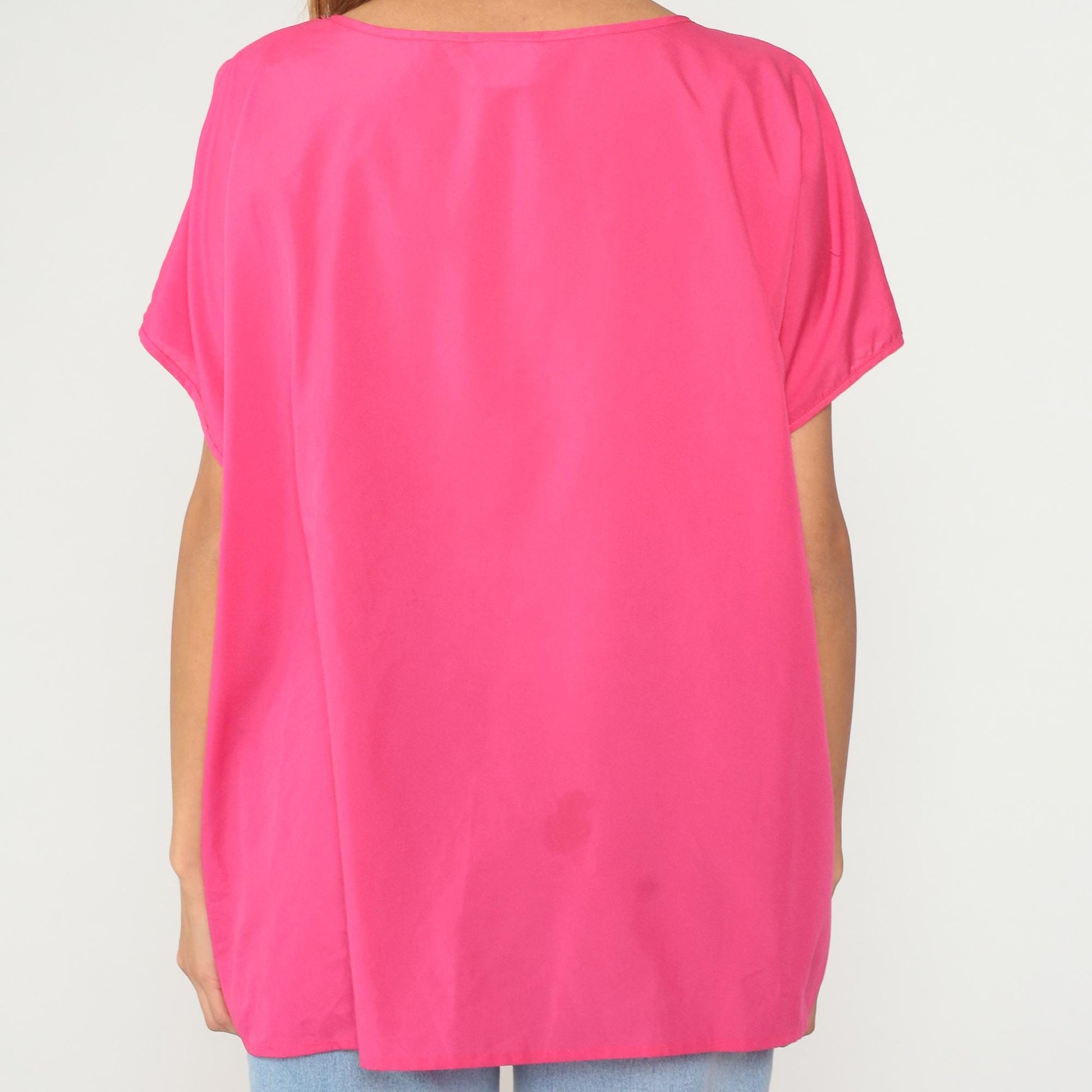 90s Hot Pink Polyester Tunic Top Short Sleeve Scoop Neck Extra Large XXL