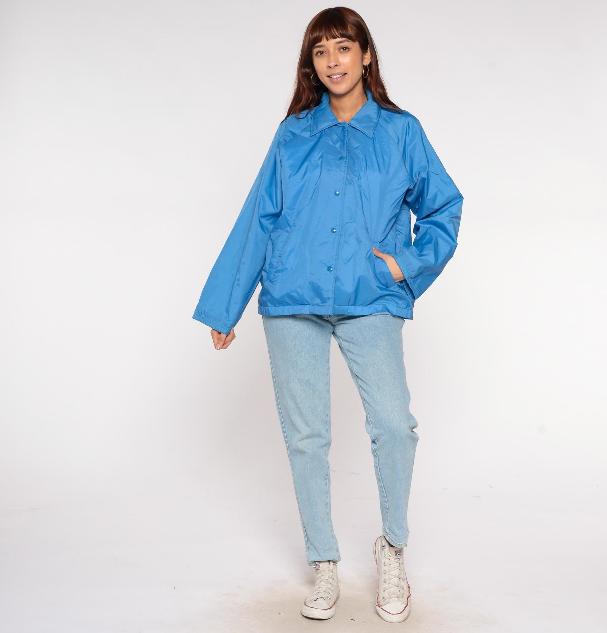 80s Sears Electric Blue Windbreaker Nylon Button-Front Jacket Large
