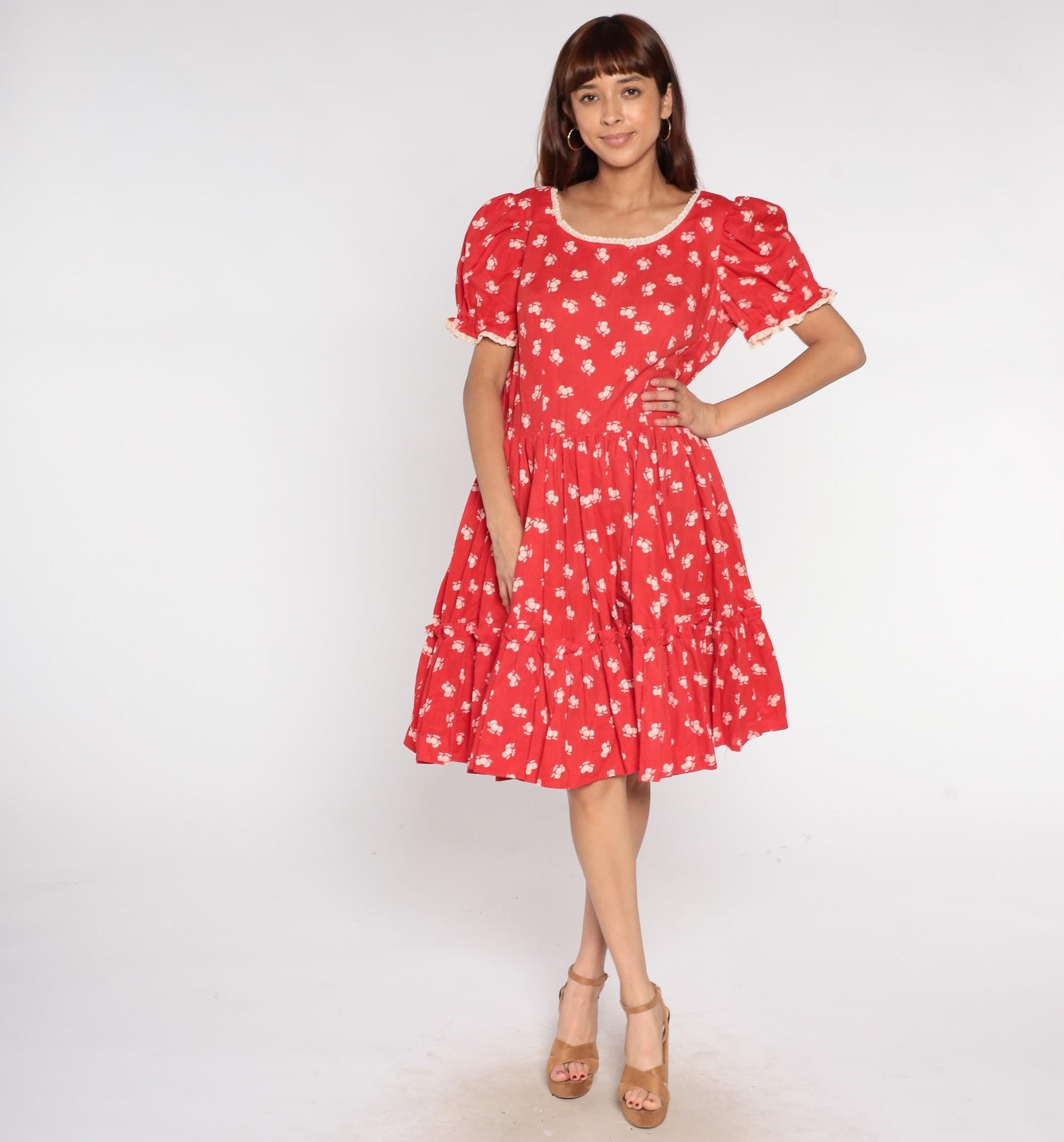 70s Apple Red Floral Prairie Dress Puff Sleeves Lace Trim Extra Large XL