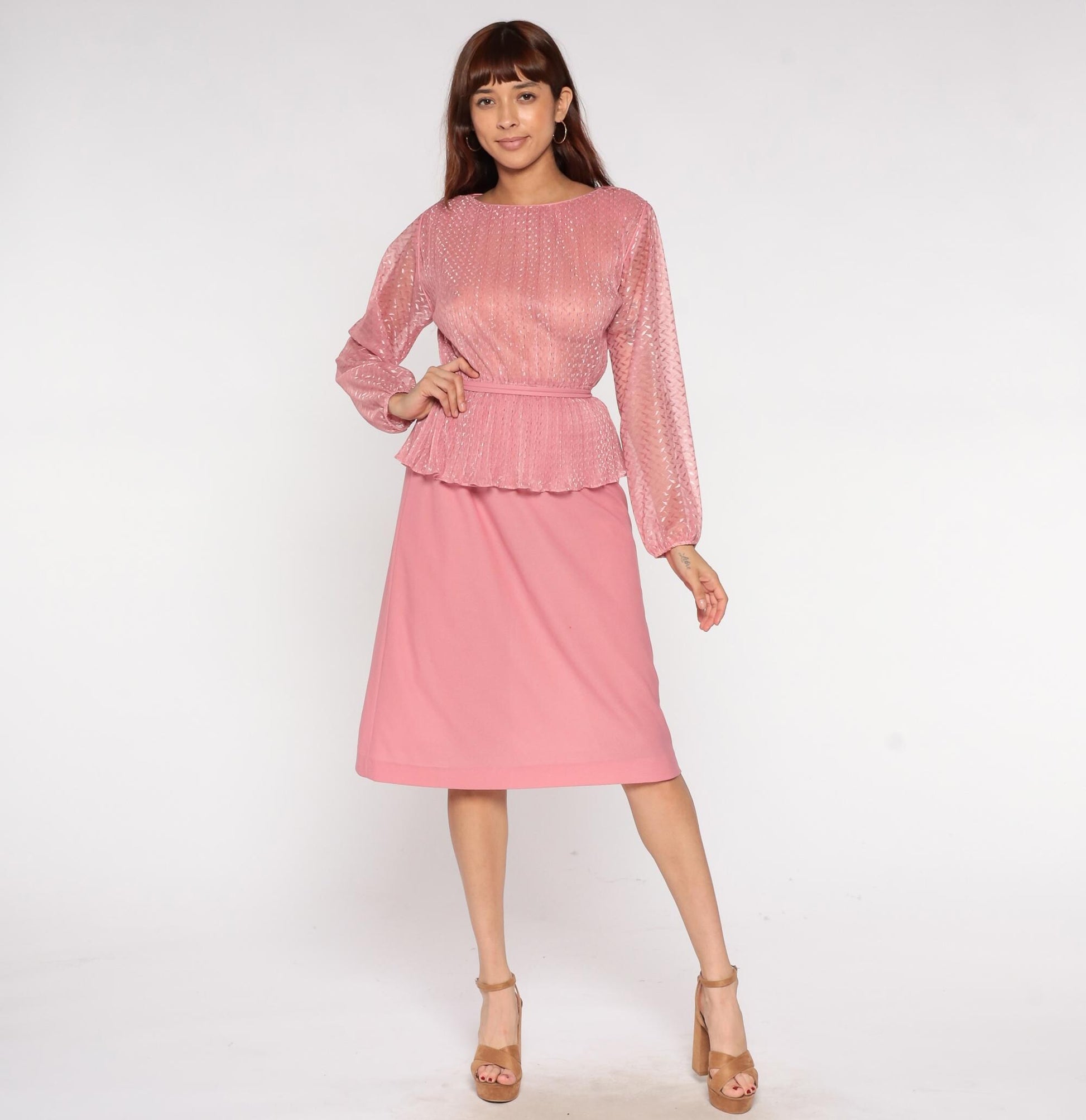 70s Hal Ferman Disco Dress Pink Metallic Peplum Long Sleeve Medium