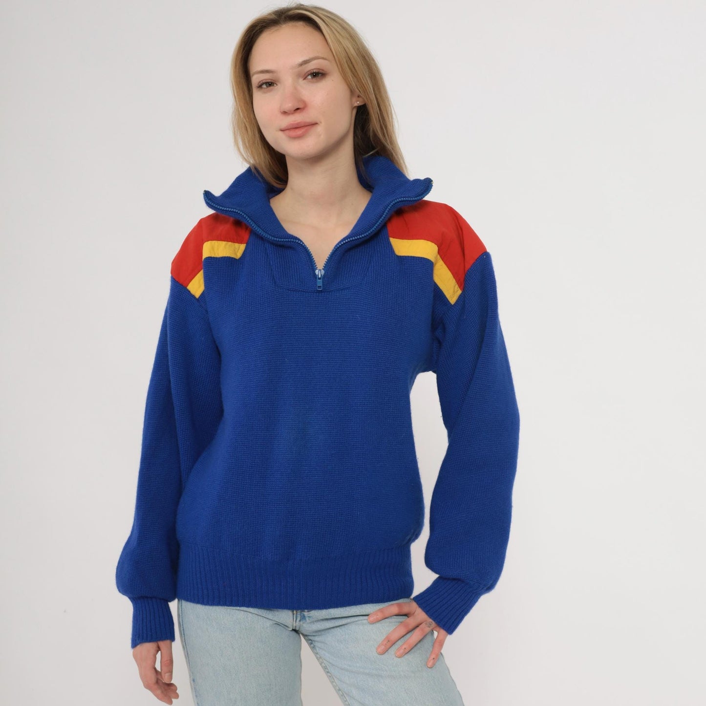 80s Slalom Colorblock Half Zip Wool Sweater Blue Red Yellow Men's Small