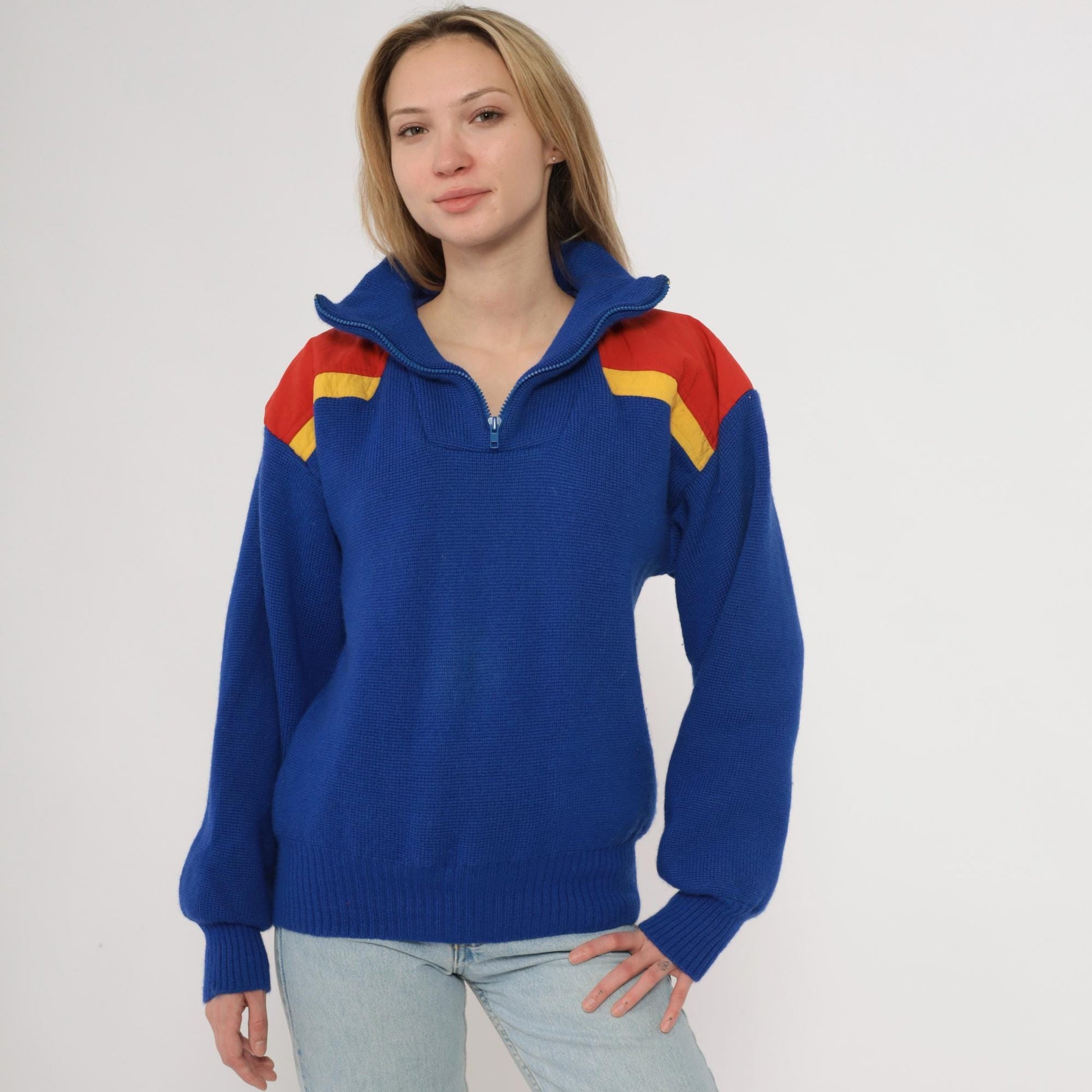 80s Slalom Colorblock Half Zip Wool Sweater Blue Red Yellow Men's Small