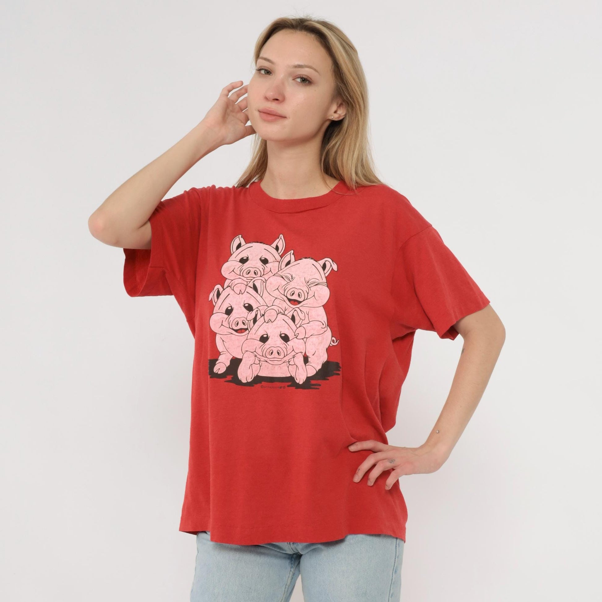 90s Screen Stars Piggies Graphic Tee Red Cartoon Pigs Cotton Large L