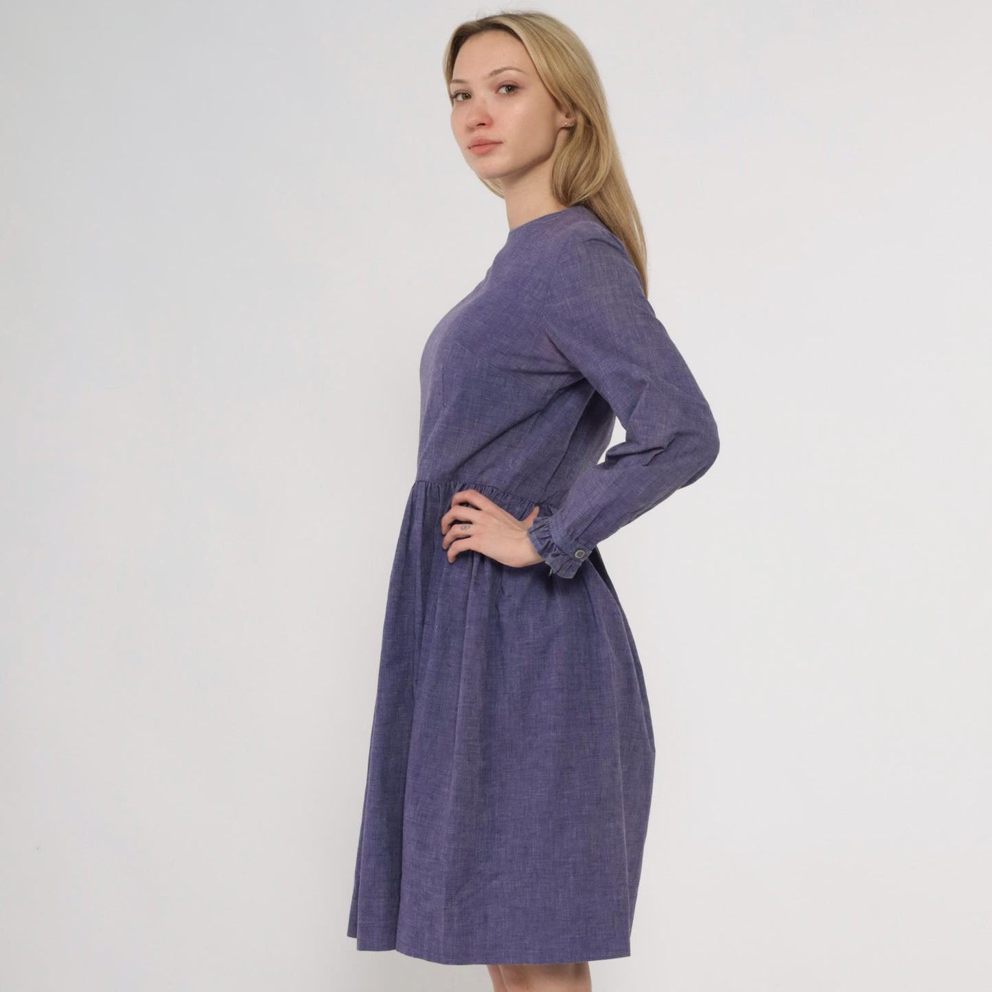 60s Purple Midi Dress Long Sleeve Gathered Waist A-Line Crew Neck Medium M