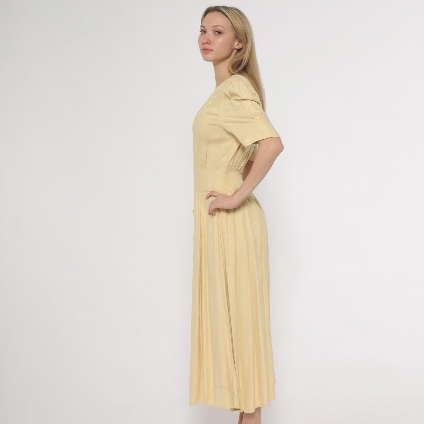 90s Karin Stevens Yellow Maxi Dress Embroidered Lace Smocked Waist Small