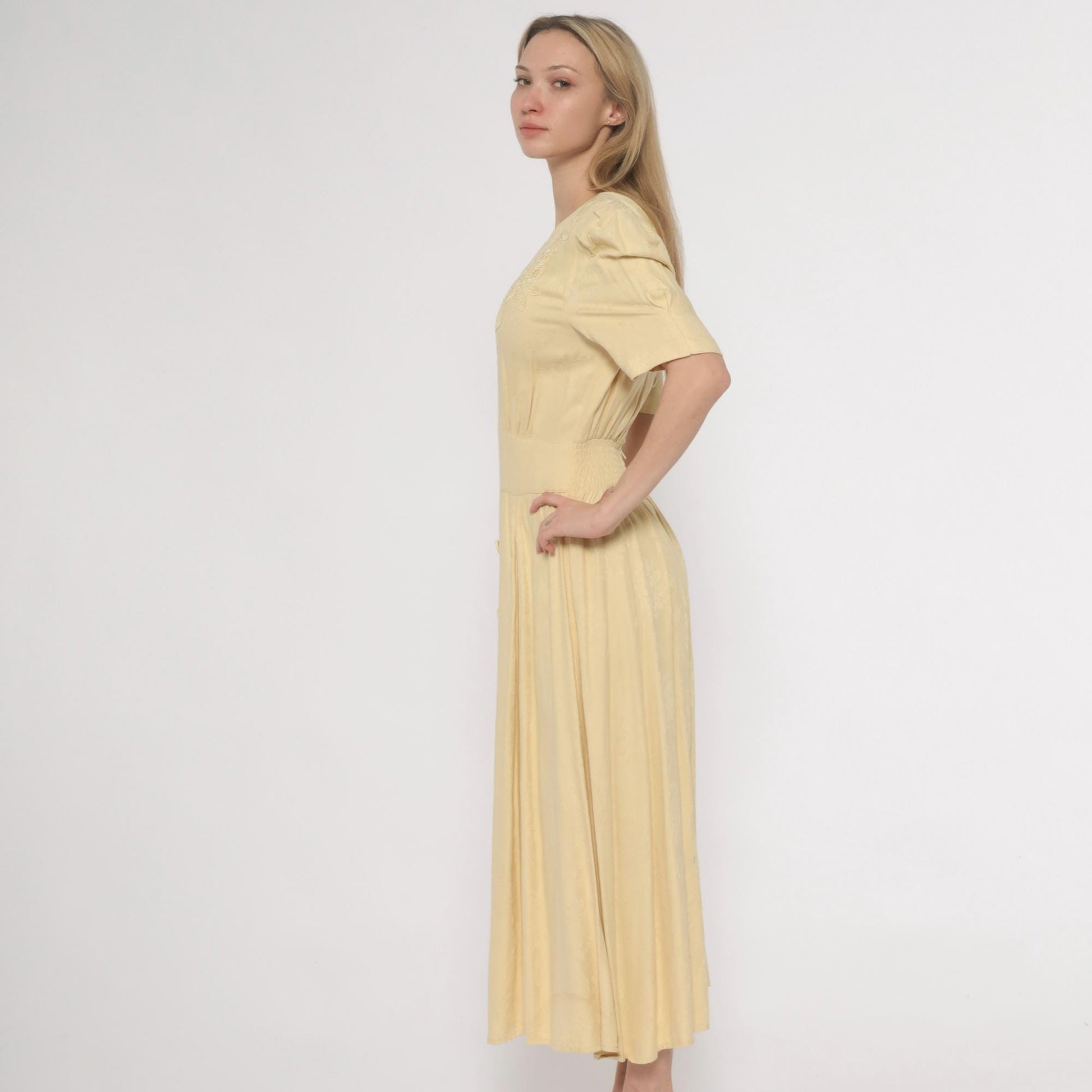 90s Karin Stevens Yellow Maxi Dress Embroidered Lace Smocked Waist Small