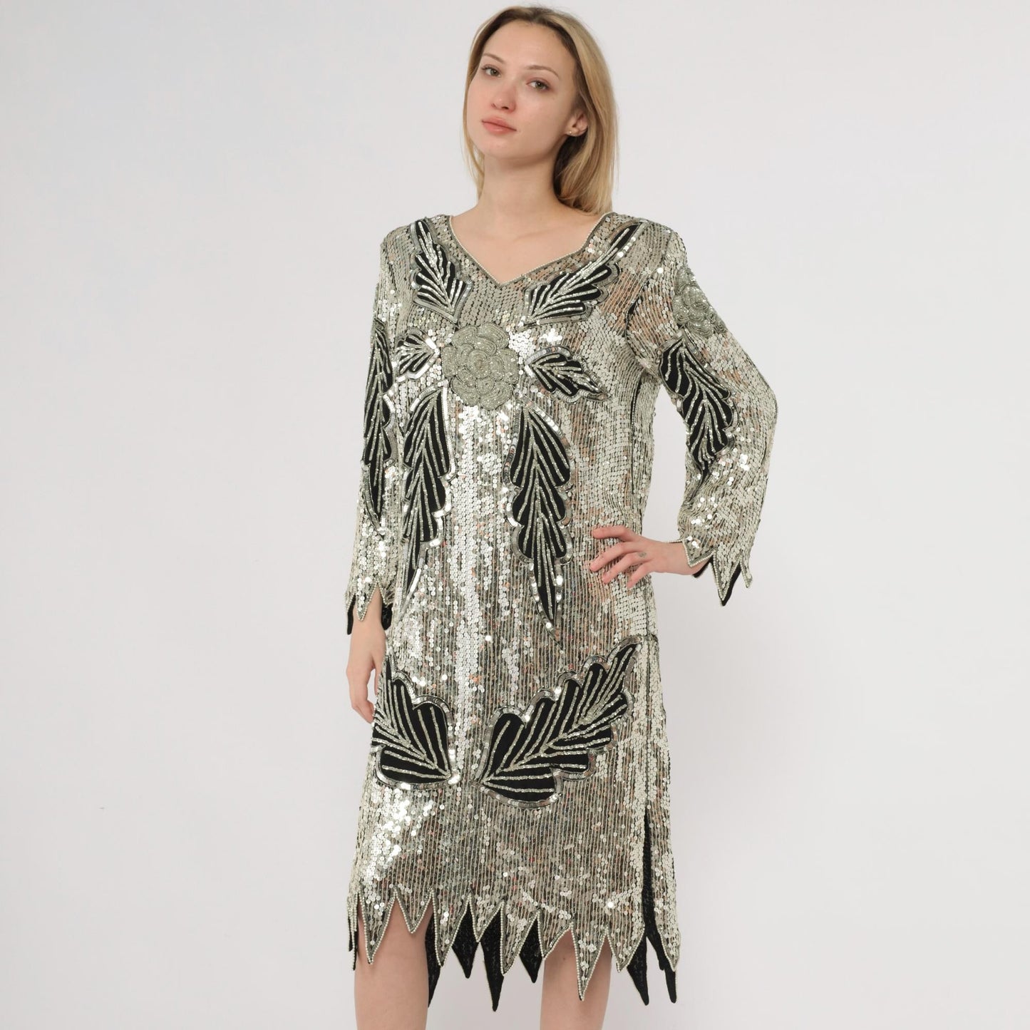 90s Silver Sequin Midi Dress Art Deco Leaf Pattern Silk V-Neck Long Sleeve Medium M