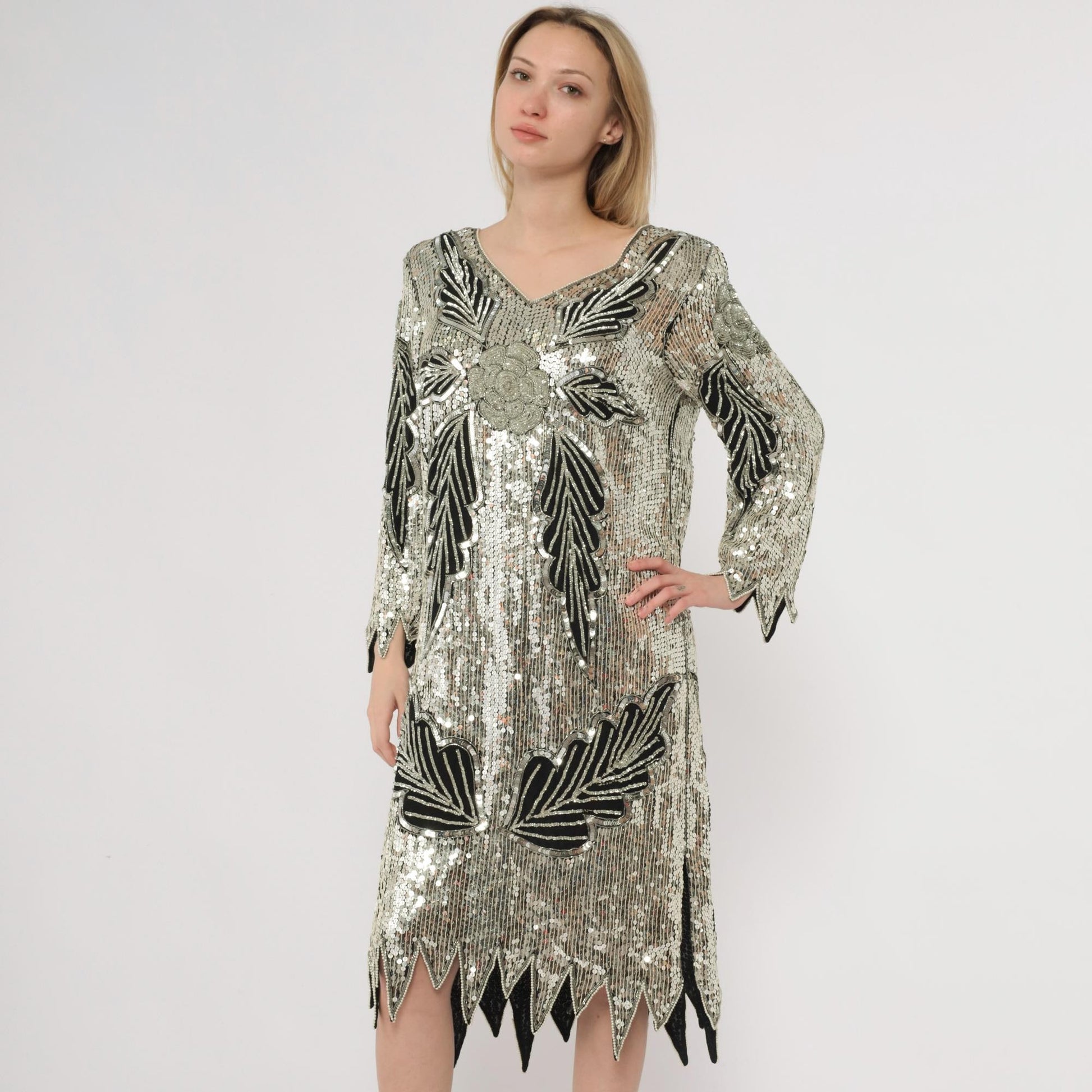 90s Silver Sequin Midi Dress Art Deco Leaf Pattern Silk V-Neck Long Sleeve Medium M