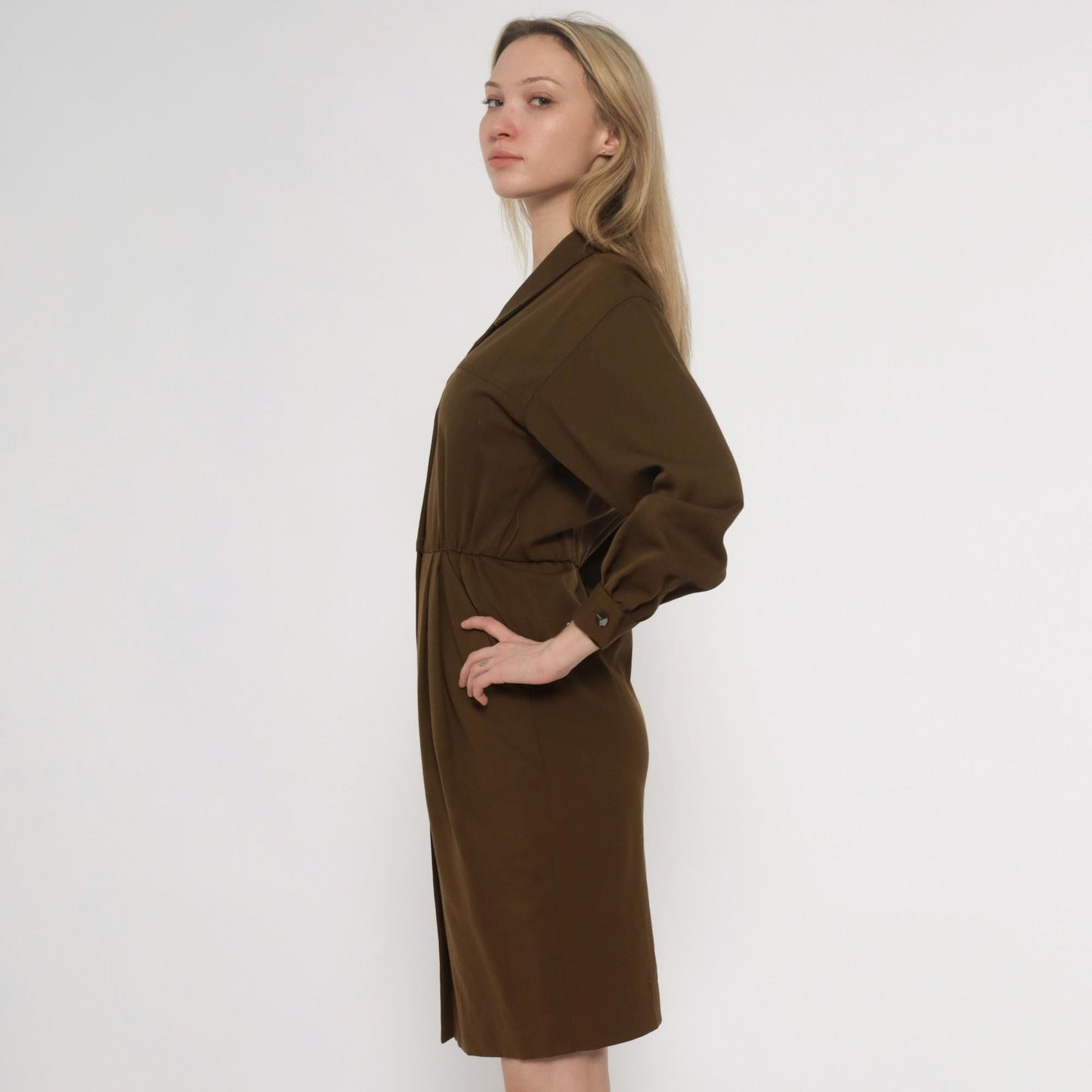 80s Bill Geoffreys Wool Shirt Dress Olive Brown Knee Length XS